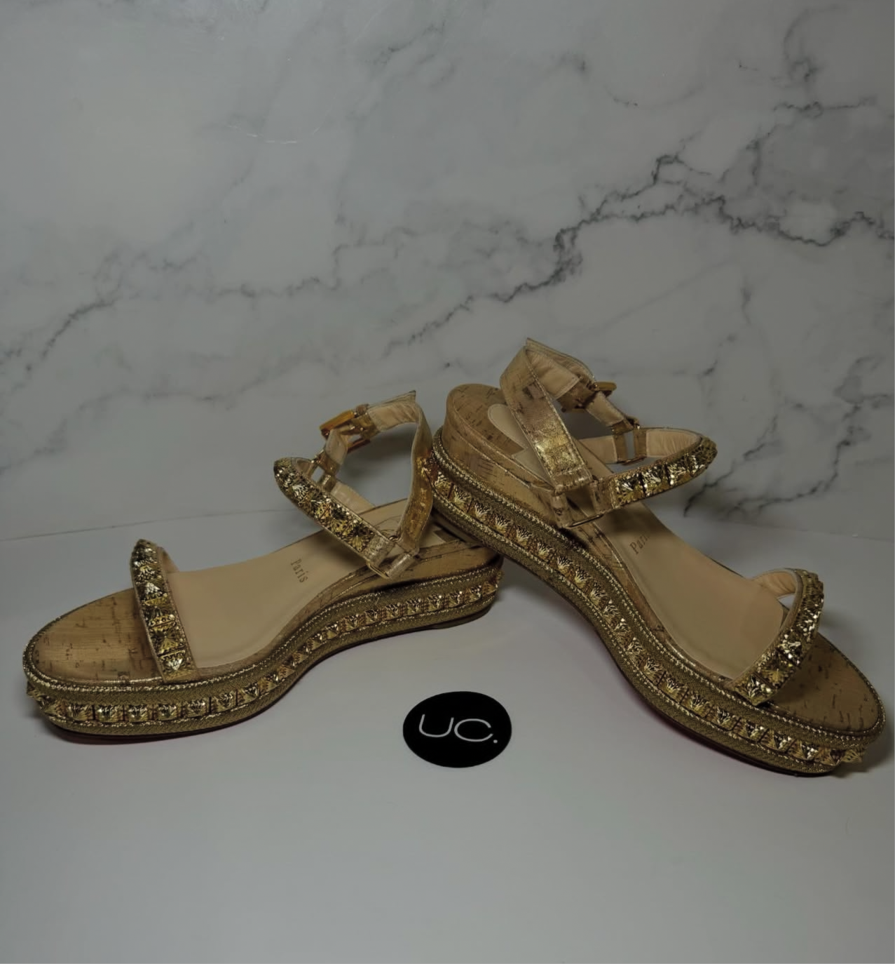 Christian Louboutin Pyraclou Sandals. Size 37, Gold.