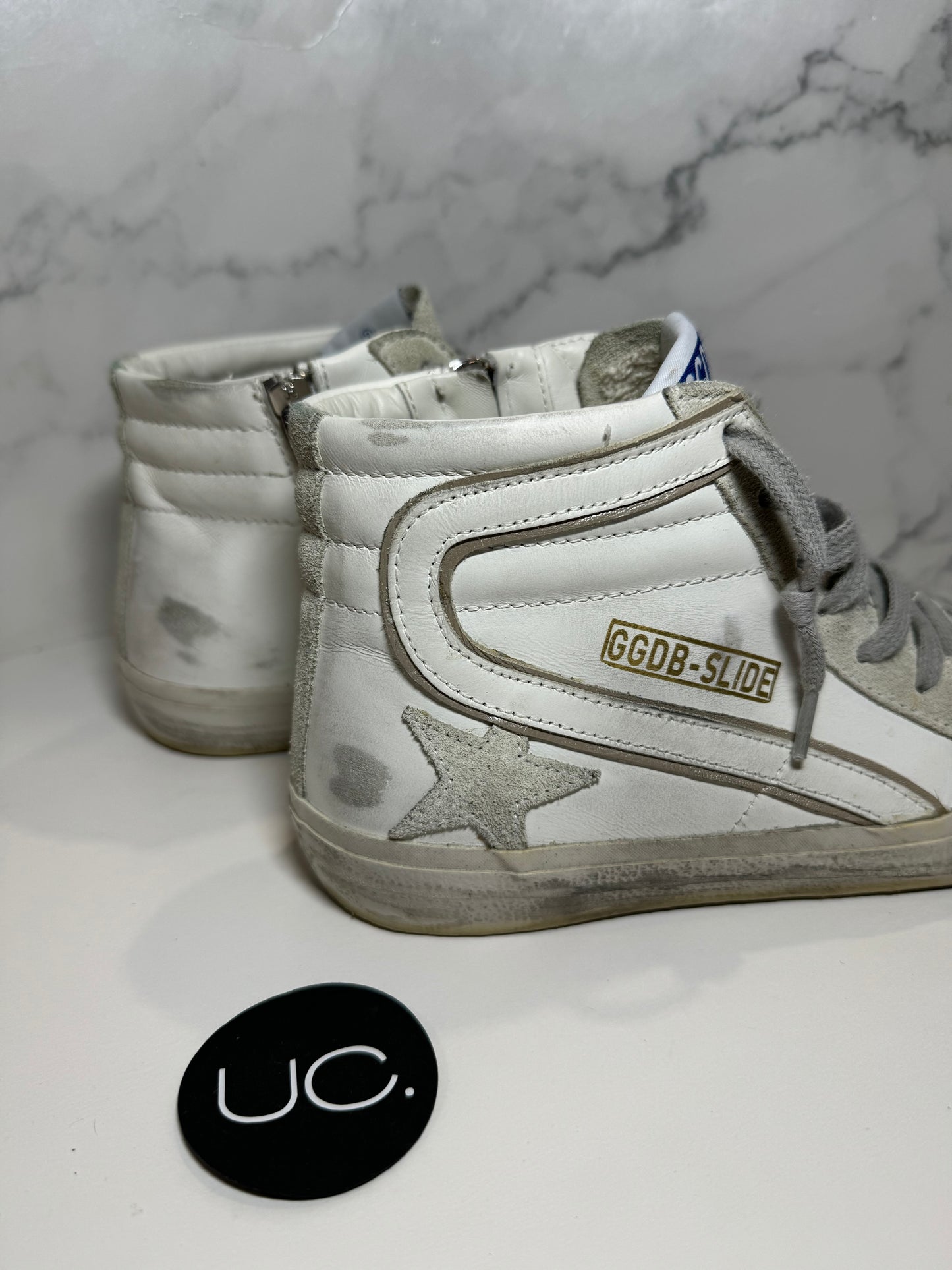 Golden Goose Slide Classic Zip Leather High-Top Sneakers, White/Ice, Size 37
