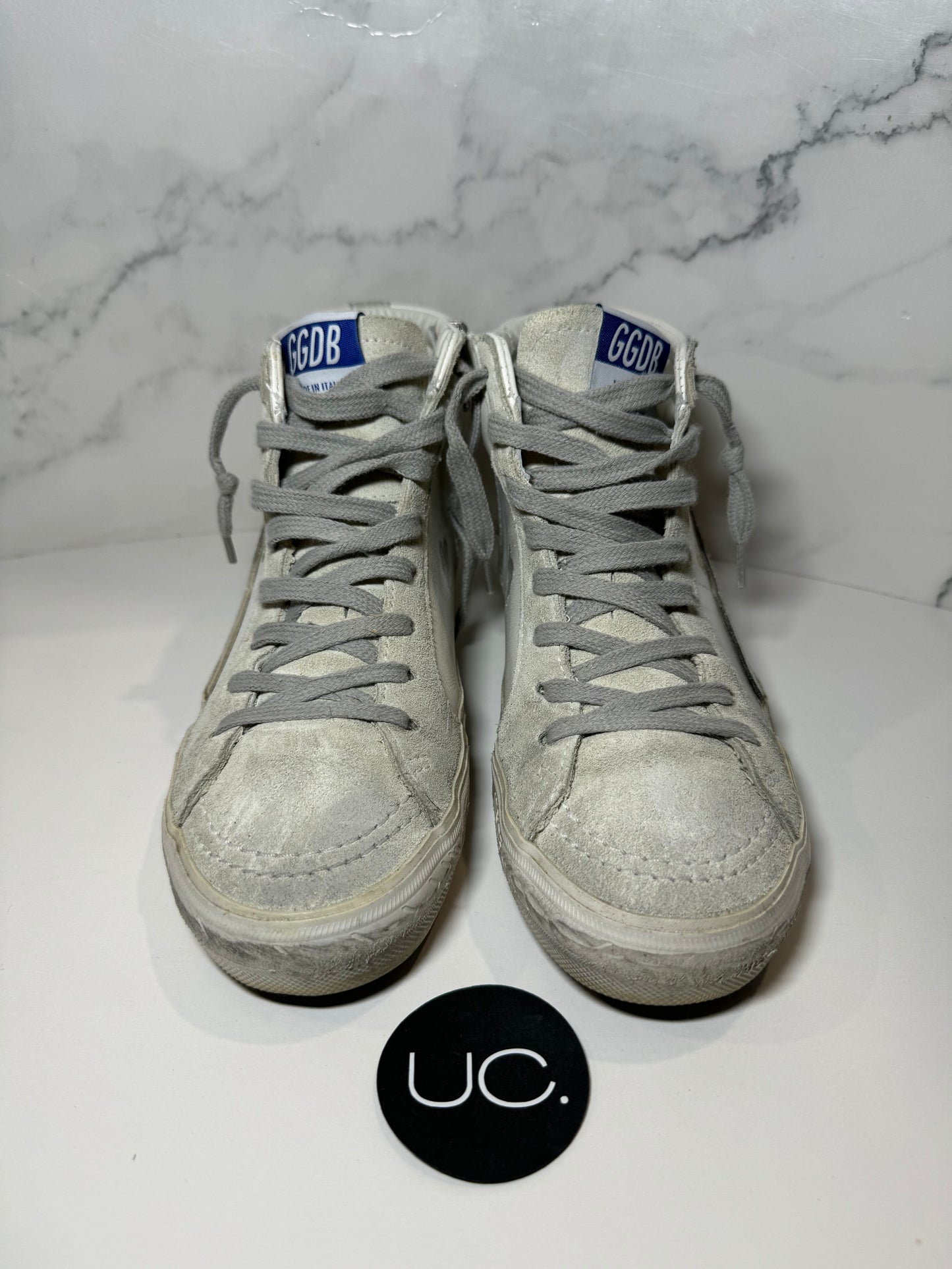 Golden Goose Slide Classic Zip Leather High-Top Sneakers, White/Ice, Size 37
