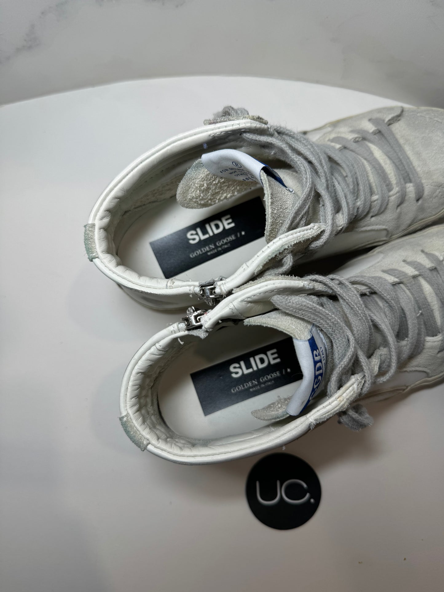 Golden Goose Slide Classic Zip Leather High-Top Sneakers, White/Ice, Size 37