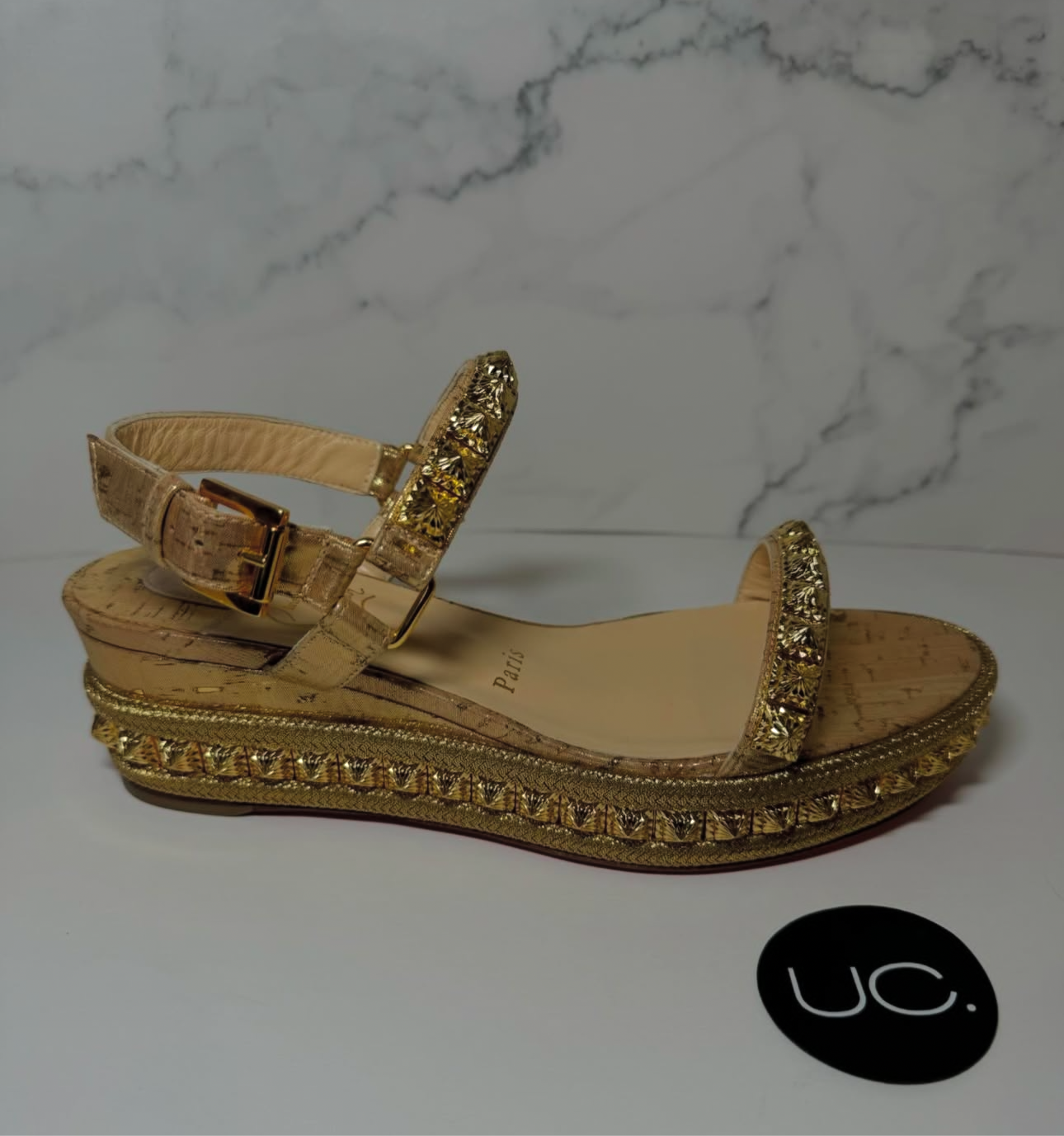 Christian Louboutin Pyraclou Sandals. Size 37, Gold.