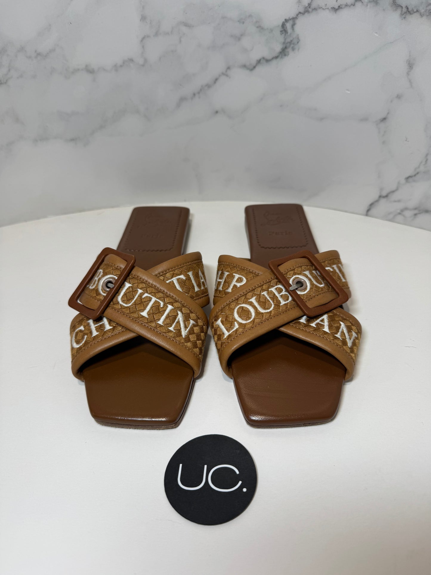 Christian Louboutin Crossimule Sandals, Brown, Size 37.5