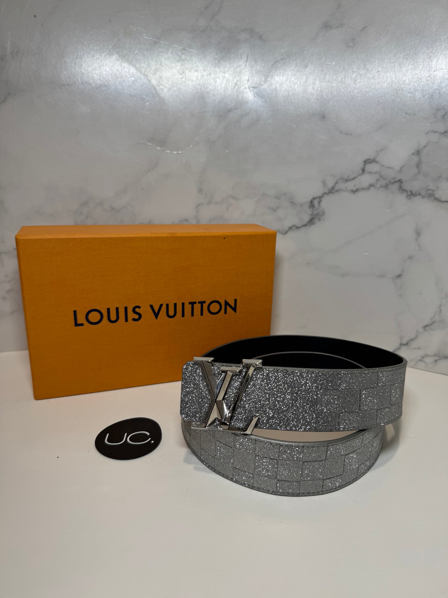Louis Vuitton LV Pyramide Glitter Silver Belt, Size 85