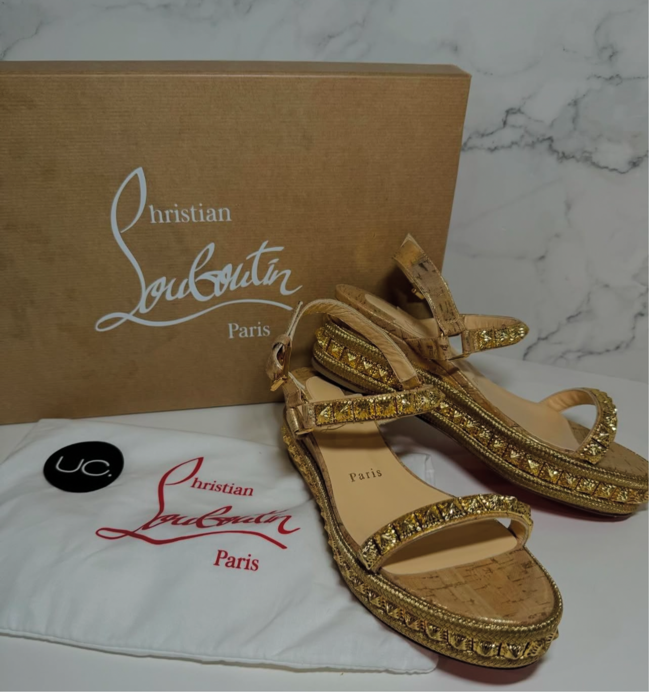 Christian Louboutin Pyraclou Sandals. Size 37, Gold.