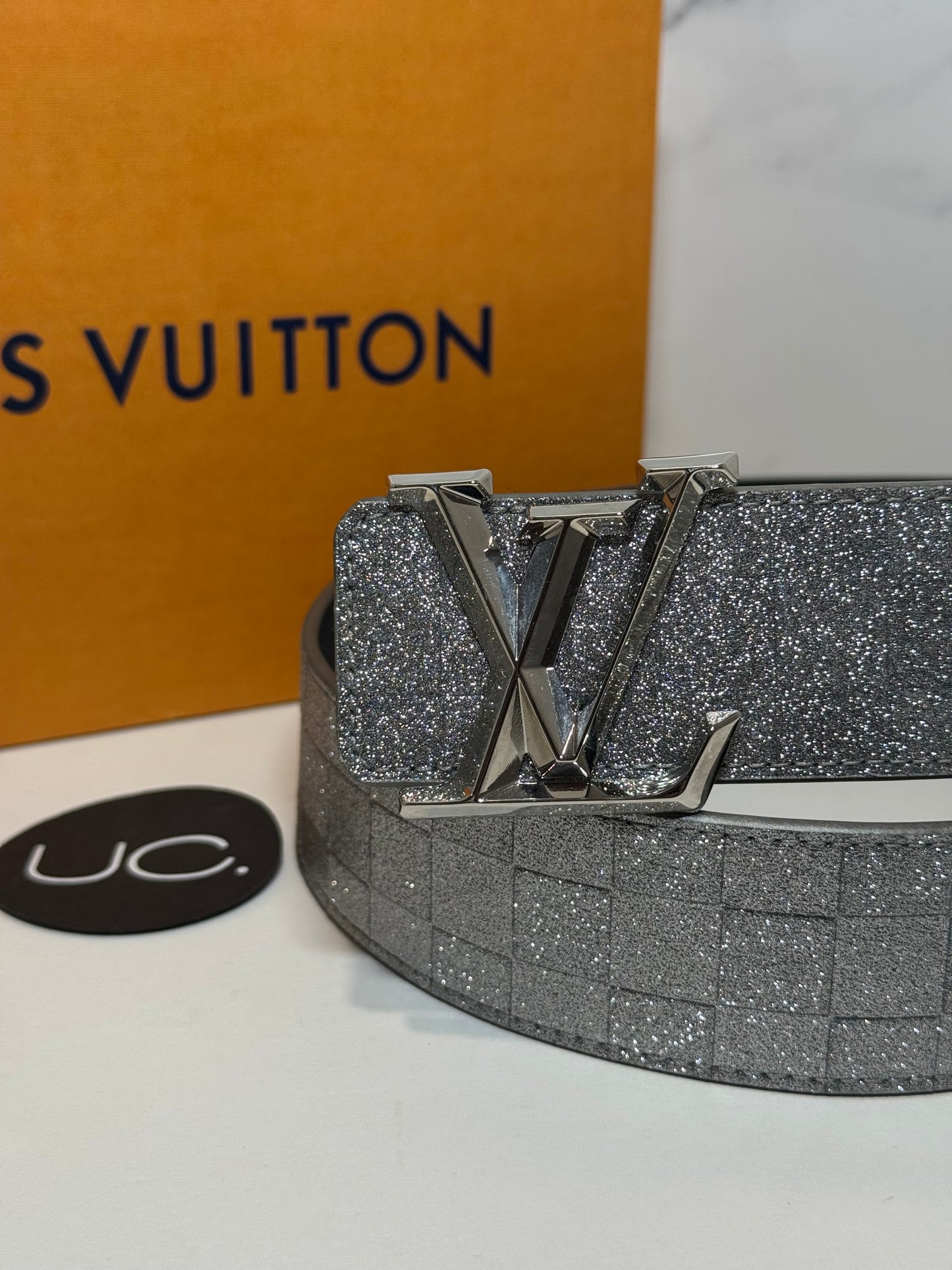 Louis Vuitton LV Pyramide Glitter Silver Belt, Size 85