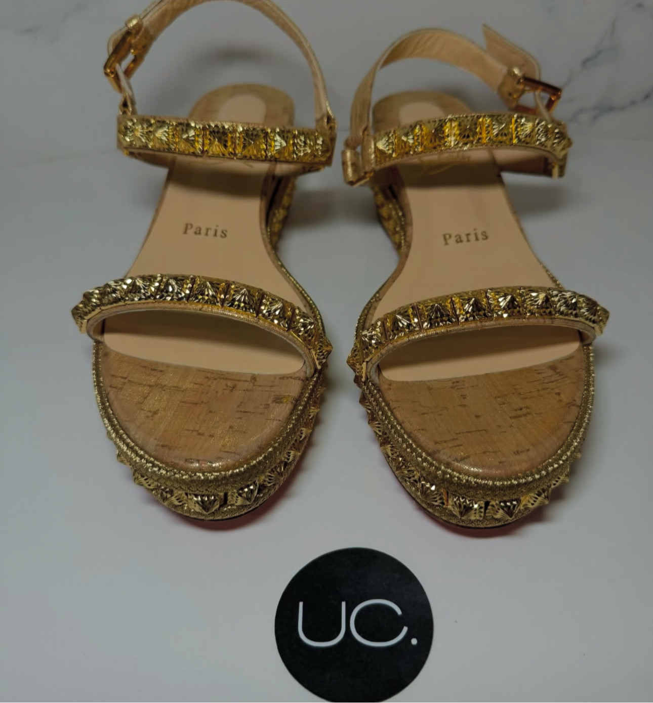 Christian Louboutin Pyraclou Sandals. Size 37, Gold.