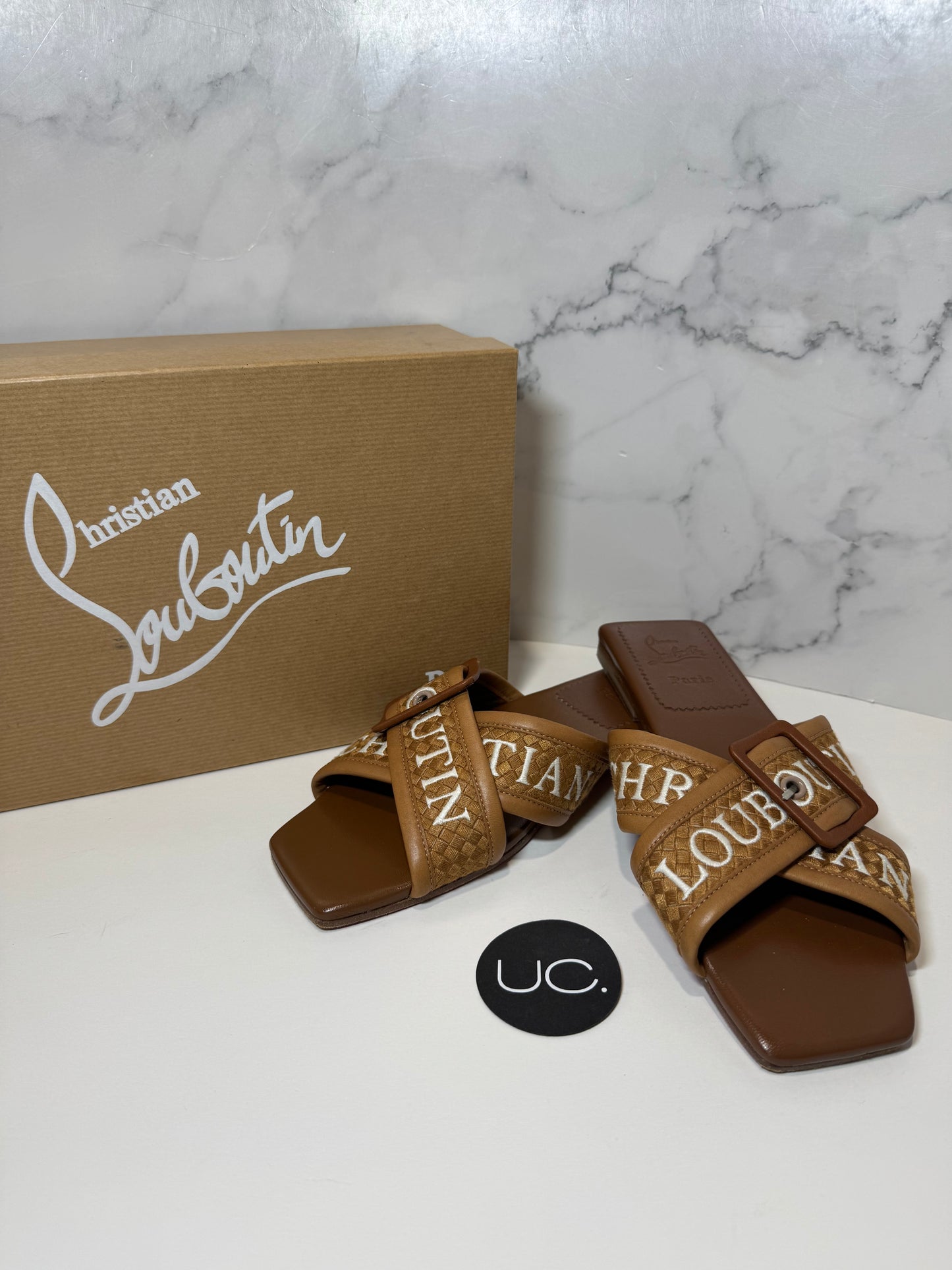 Christian Louboutin Crossimule Sandals, Brown, Size 37.5
