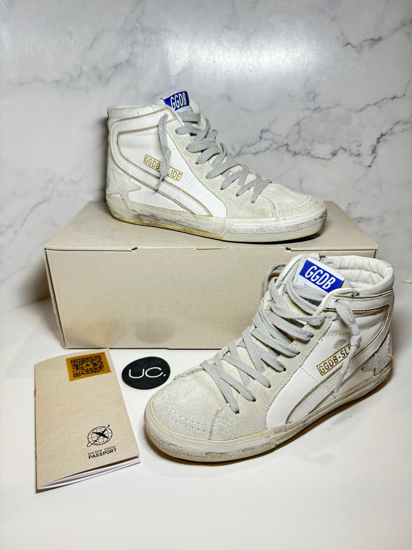 Golden Goose Slide Classic Zip Leather High-Top Sneakers, White/Ice, Size 37