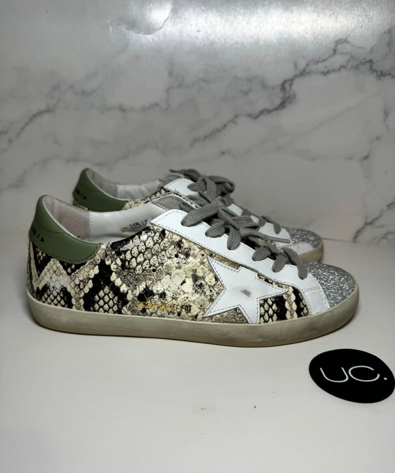 Golden Goose Super-Star Sneakers, Size 37, Silver/Snakeskin