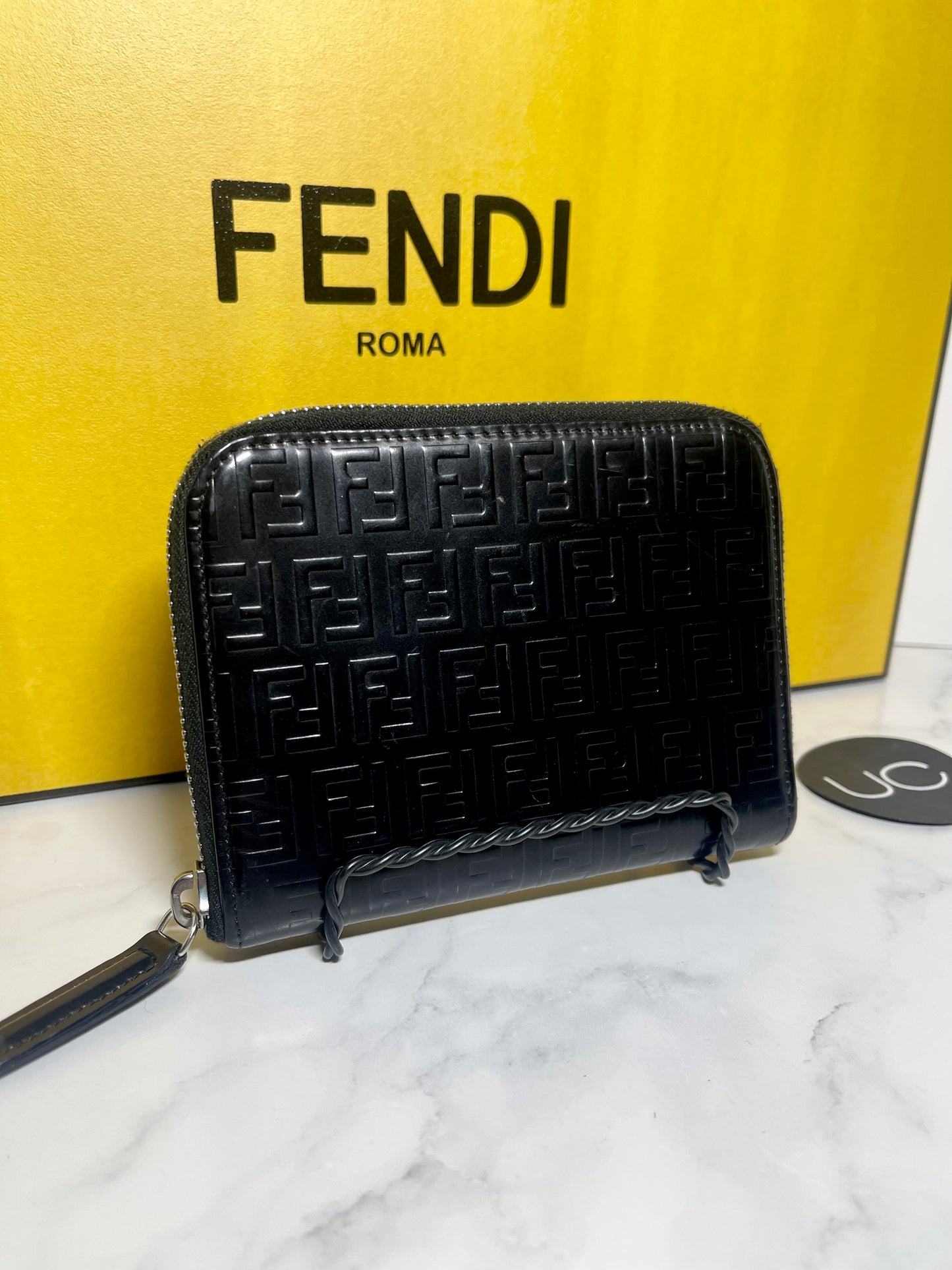 Fendi Embossed Bifold Zipper Wallet in Noir