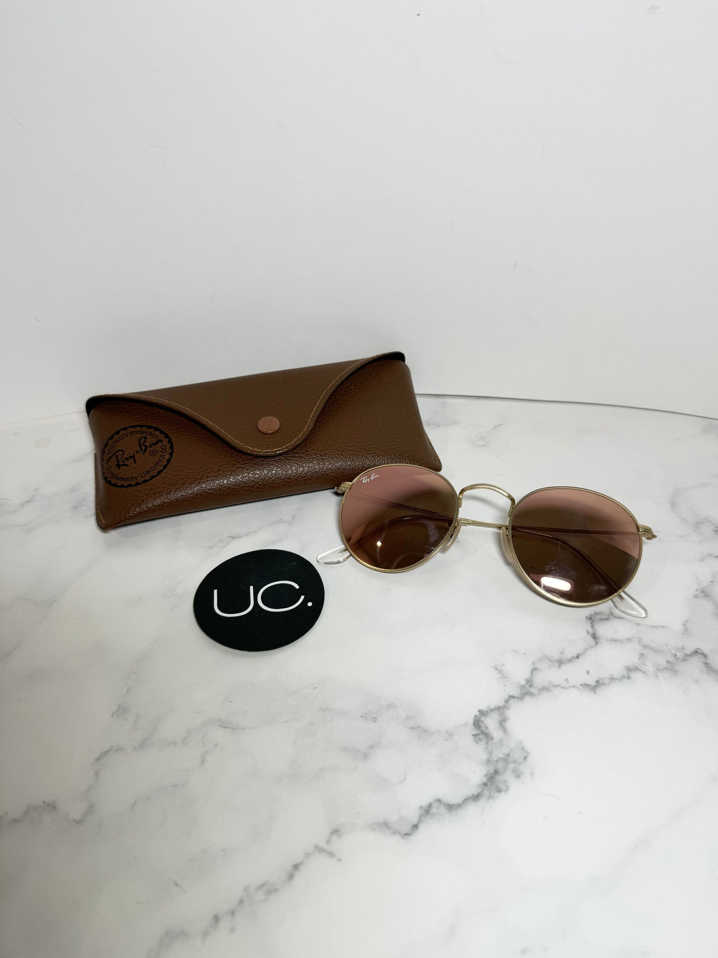 Ray-Ban Round Aviator Sunglasses, Pink Lenses, With Case
