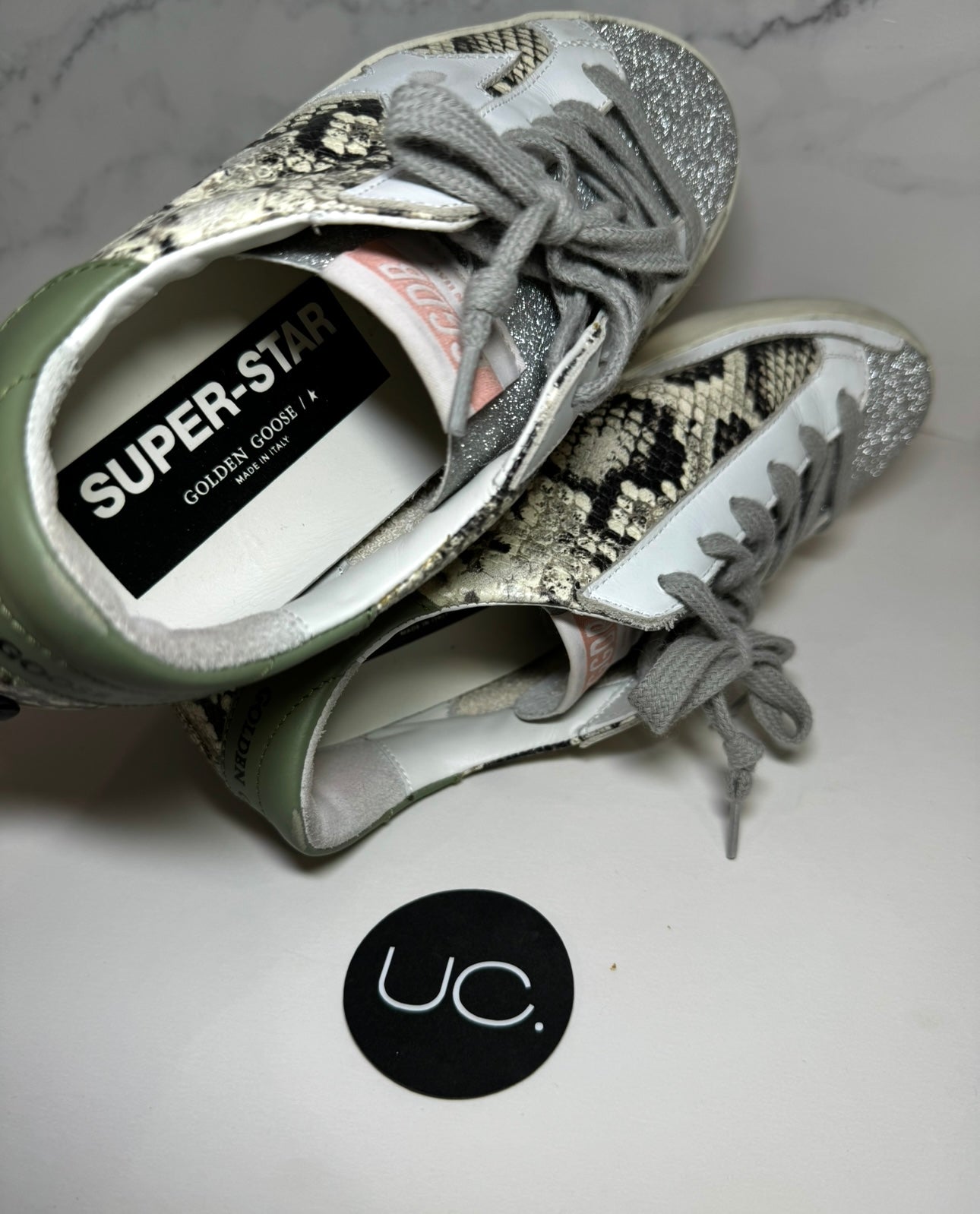Golden Goose Super-Star Sneakers, Size 37, Silver/Snakeskin