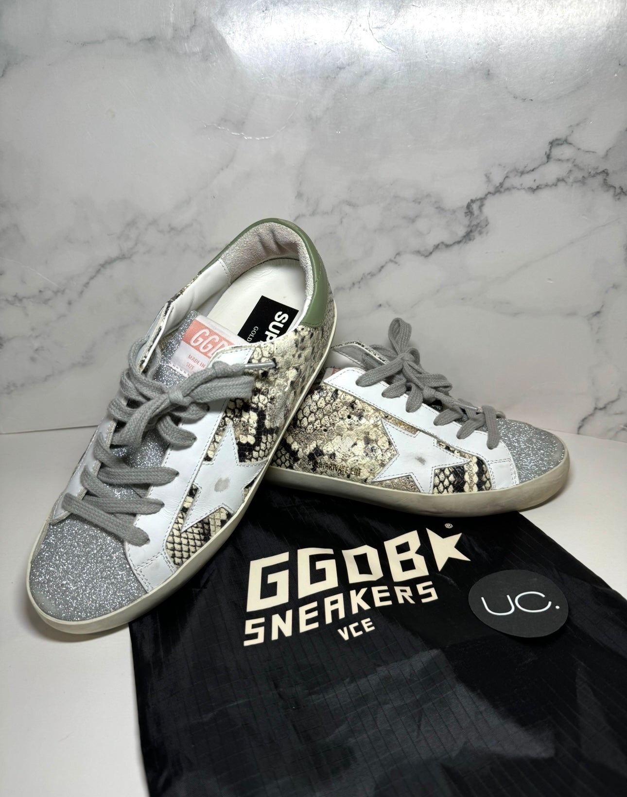 Golden Goose Super-Star Sneakers, Size 37, Silver/Snakeskin