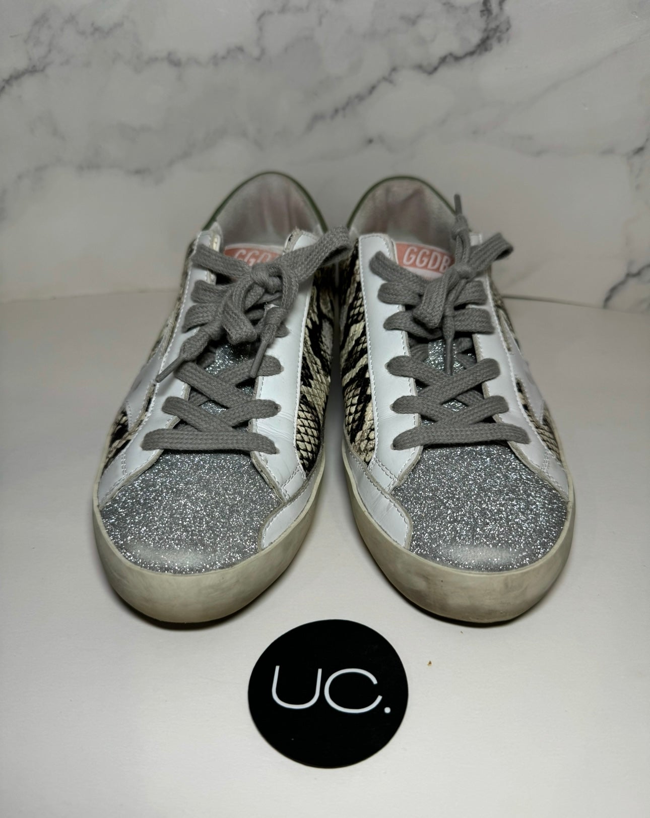 Golden Goose Super-Star Sneakers, Size 37, Silver/Snakeskin
