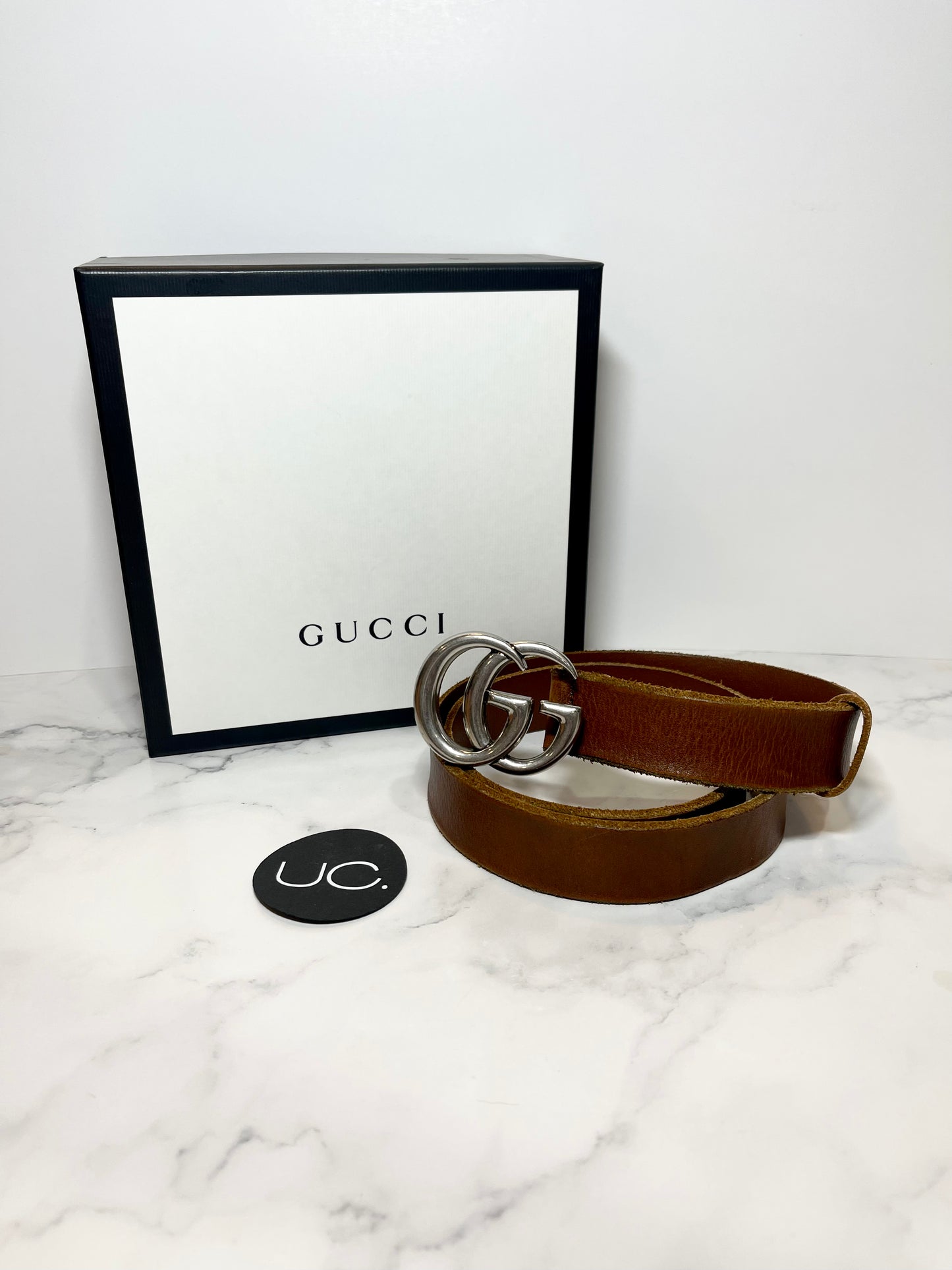 Gucci Marmont Logo Belt in Brown/Silver