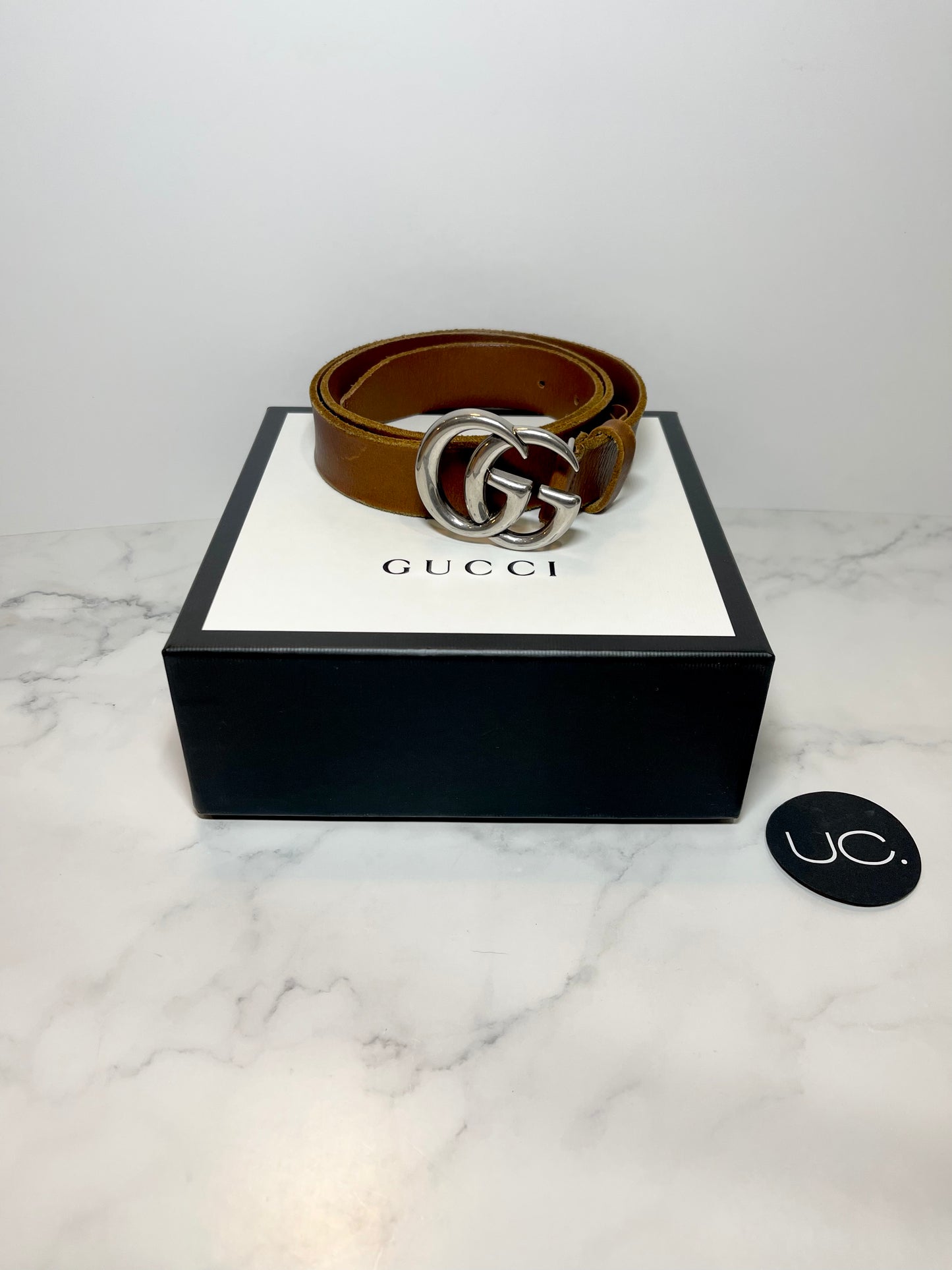 Gucci Marmont Logo Belt in Brown/Silver