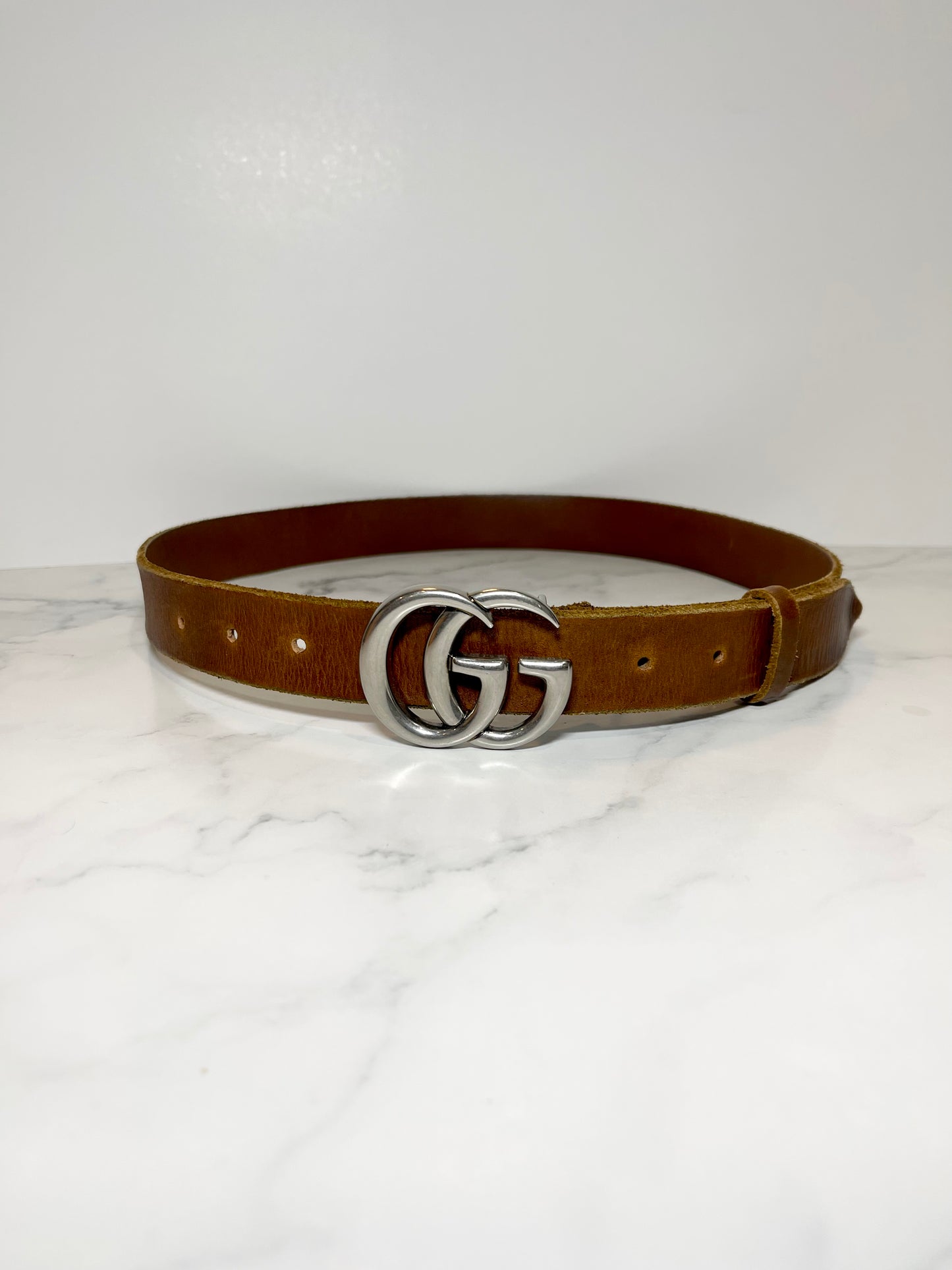 Gucci Marmont Logo Belt in Brown/Silver