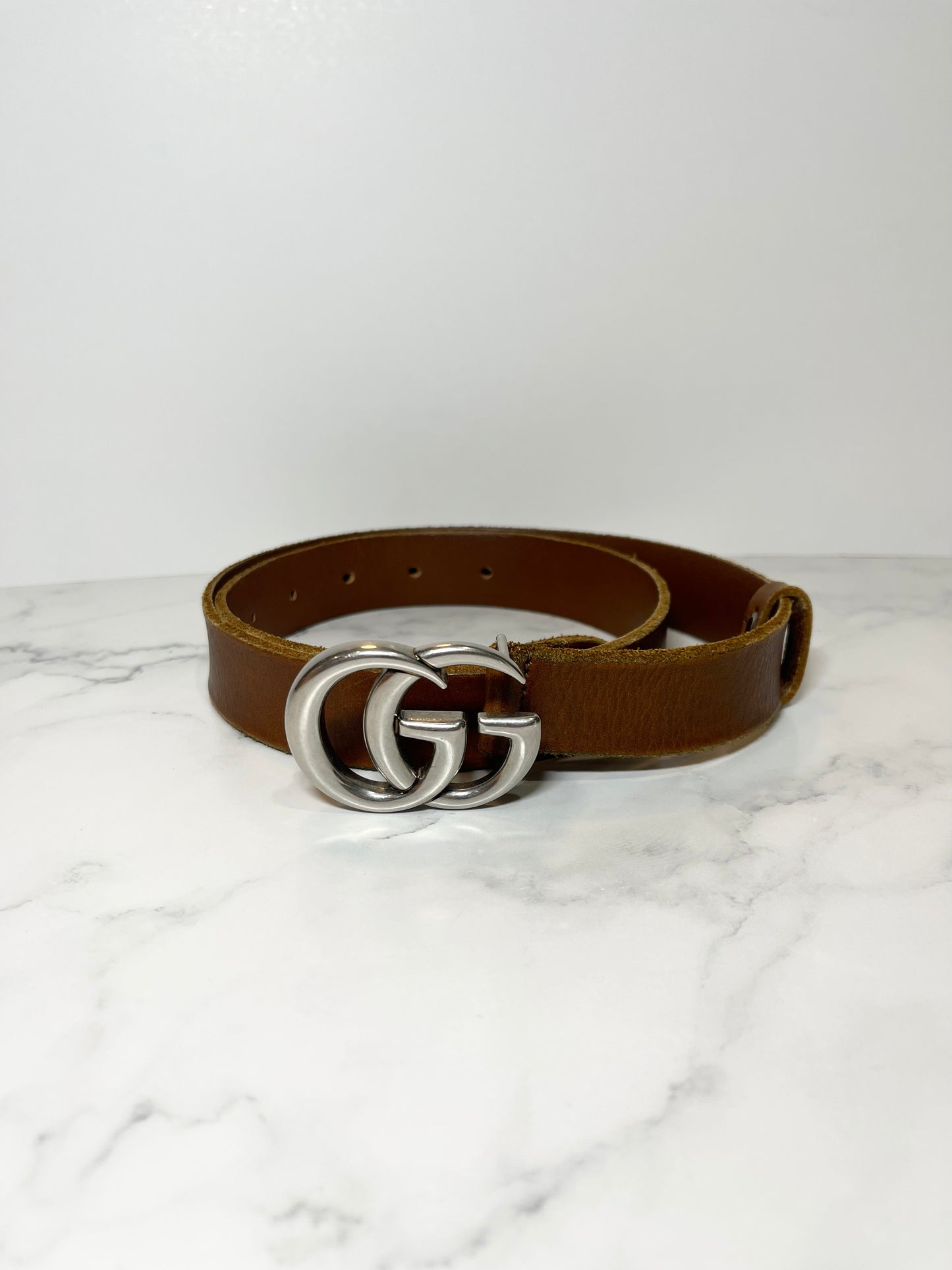 Gucci Marmont Logo Belt in Brown/Silver