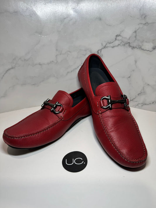 Ferragamo Parigi Loafers. Red. Pebble Calf Leather. Size 9.5.