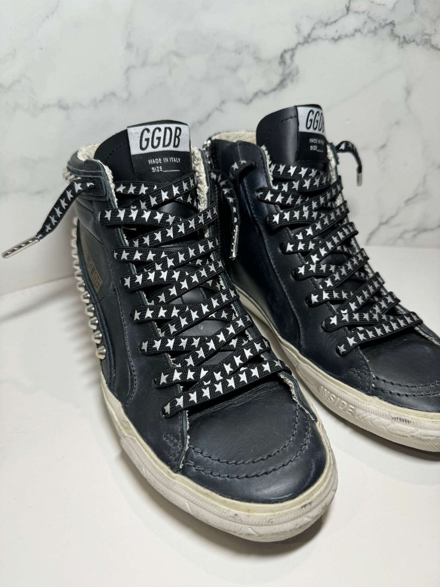 Golden Goose Slide Classic Black Leather with Studs, Custom Laces, Size 37