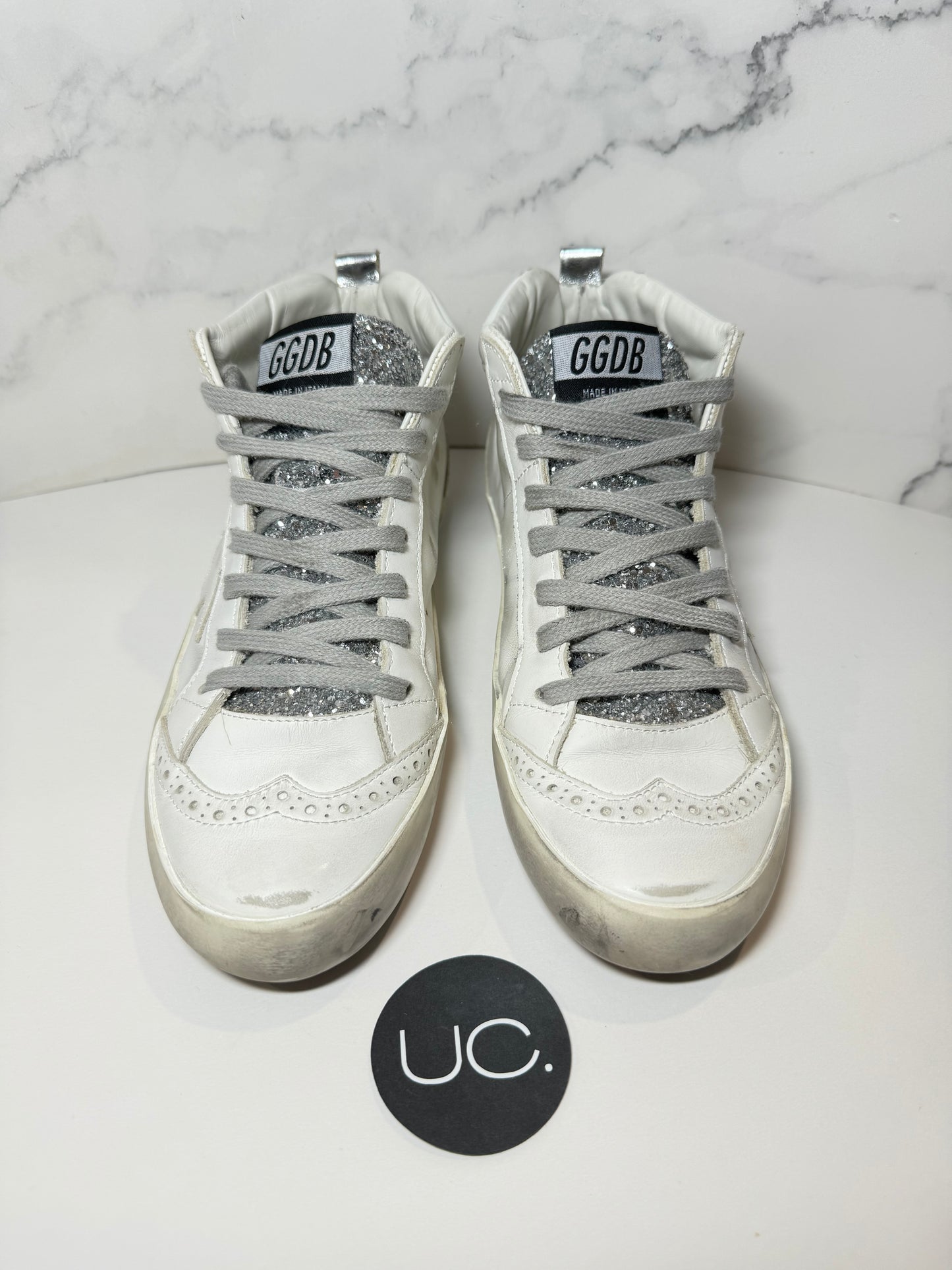 Golden Goose Mid Star Classic Private EDT, Glitter Tongue, Optic White and Silver, Size 37