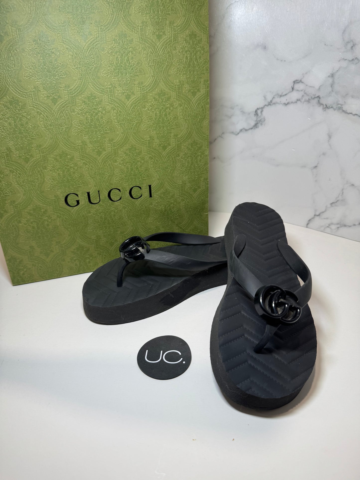 Gucci Platform Flip Flops, Black, Size 38