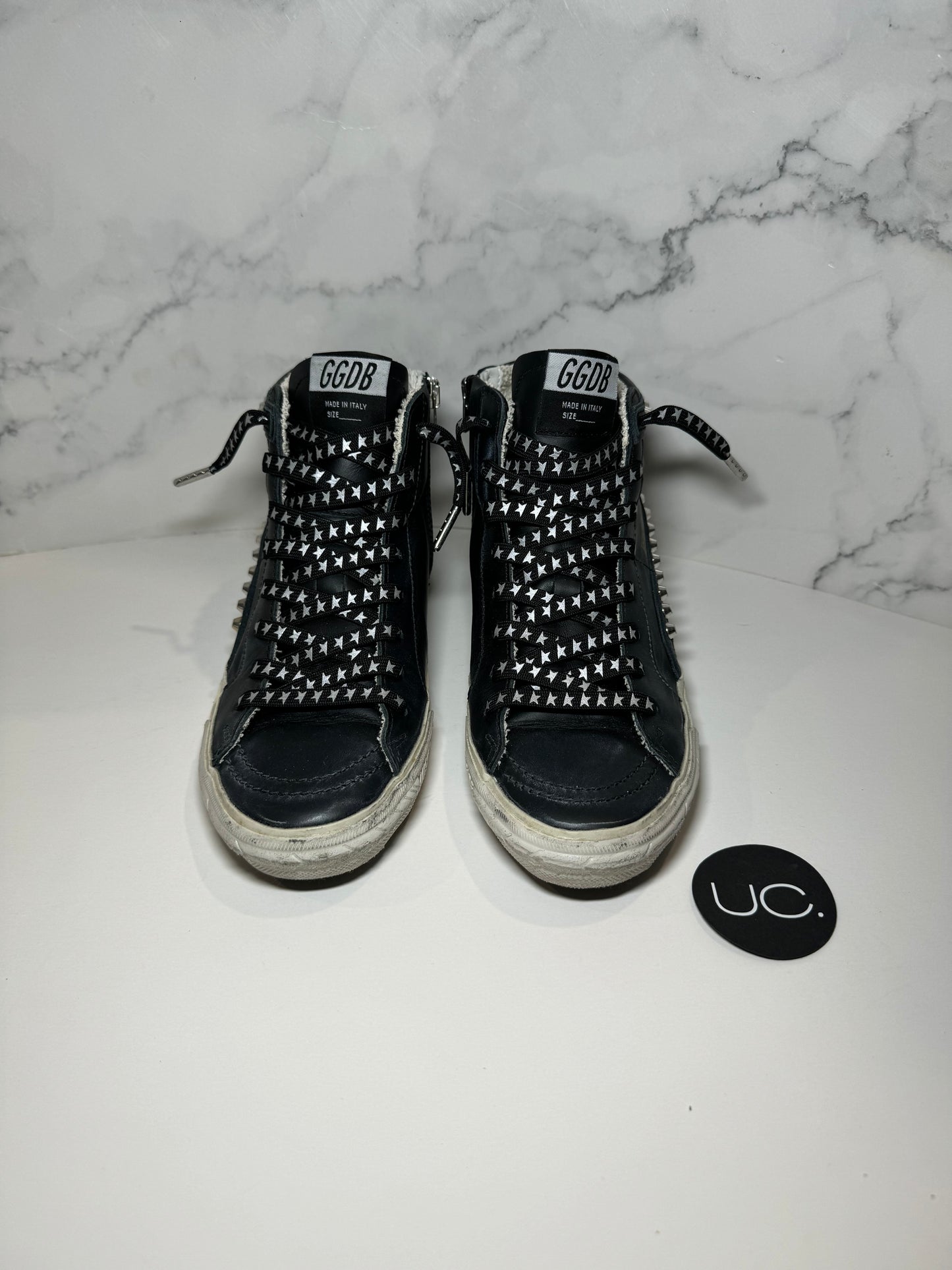 Golden Goose Slide Classic Black Leather with Studs, Custom Laces, Size 37