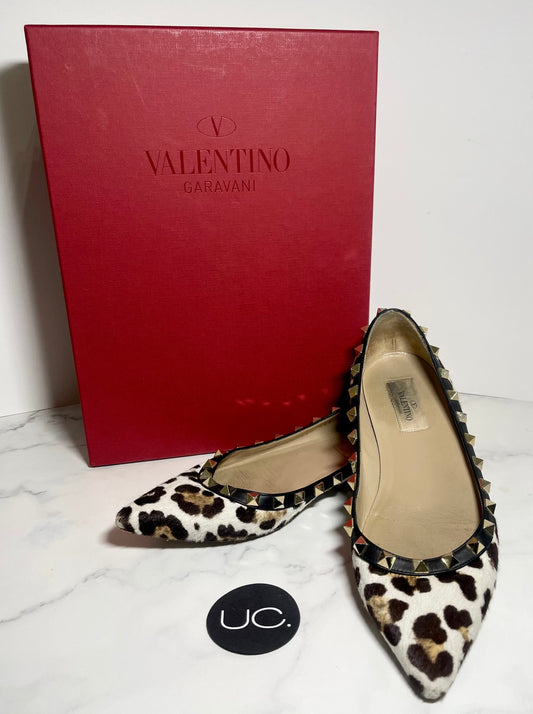 Valentino Rockstud Calf Hair Flats, Leopard, Size 37