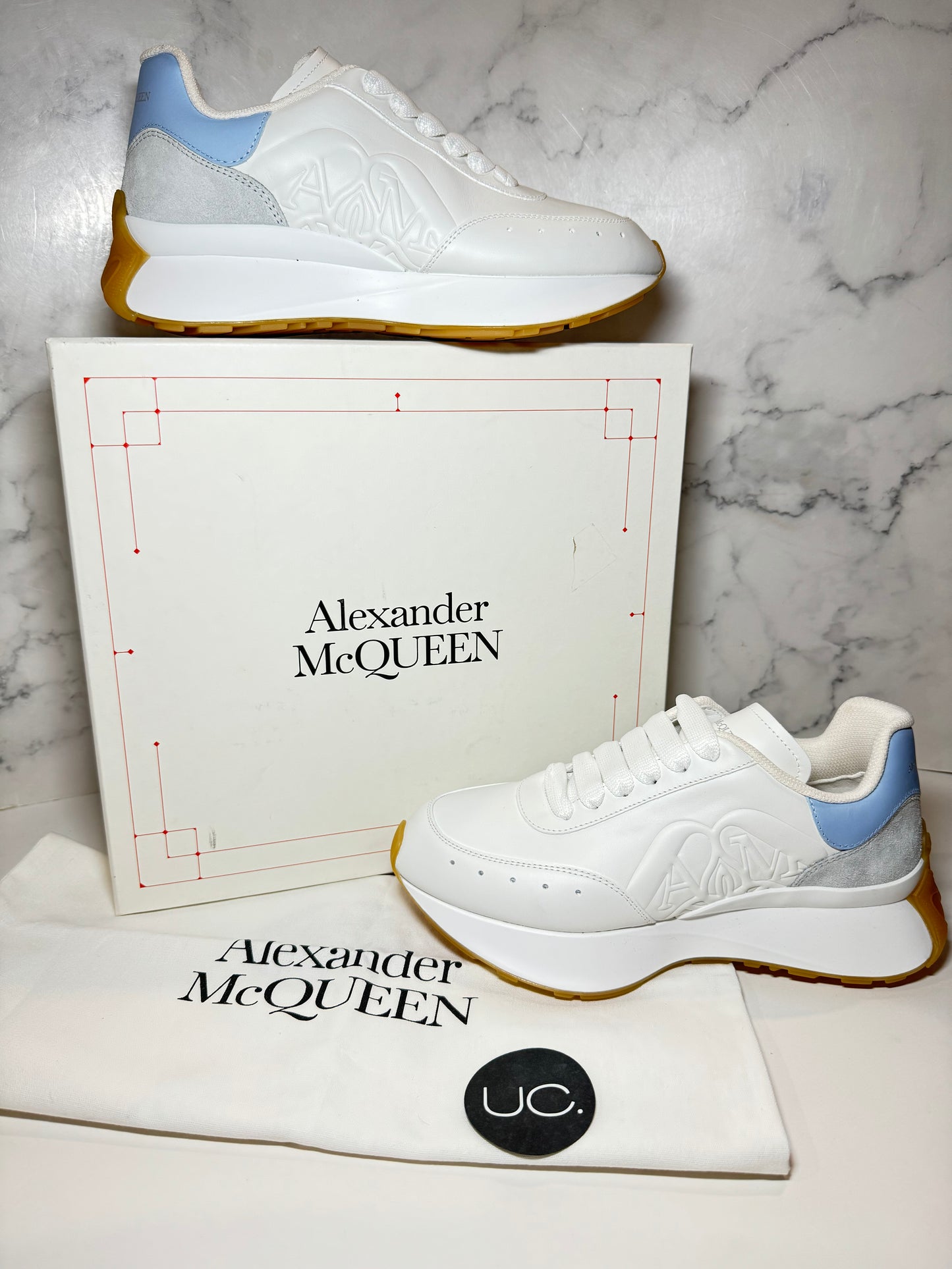 NEW Alexander McQueen Sprint Runner, White/Powder Blue/Cement, Size 37