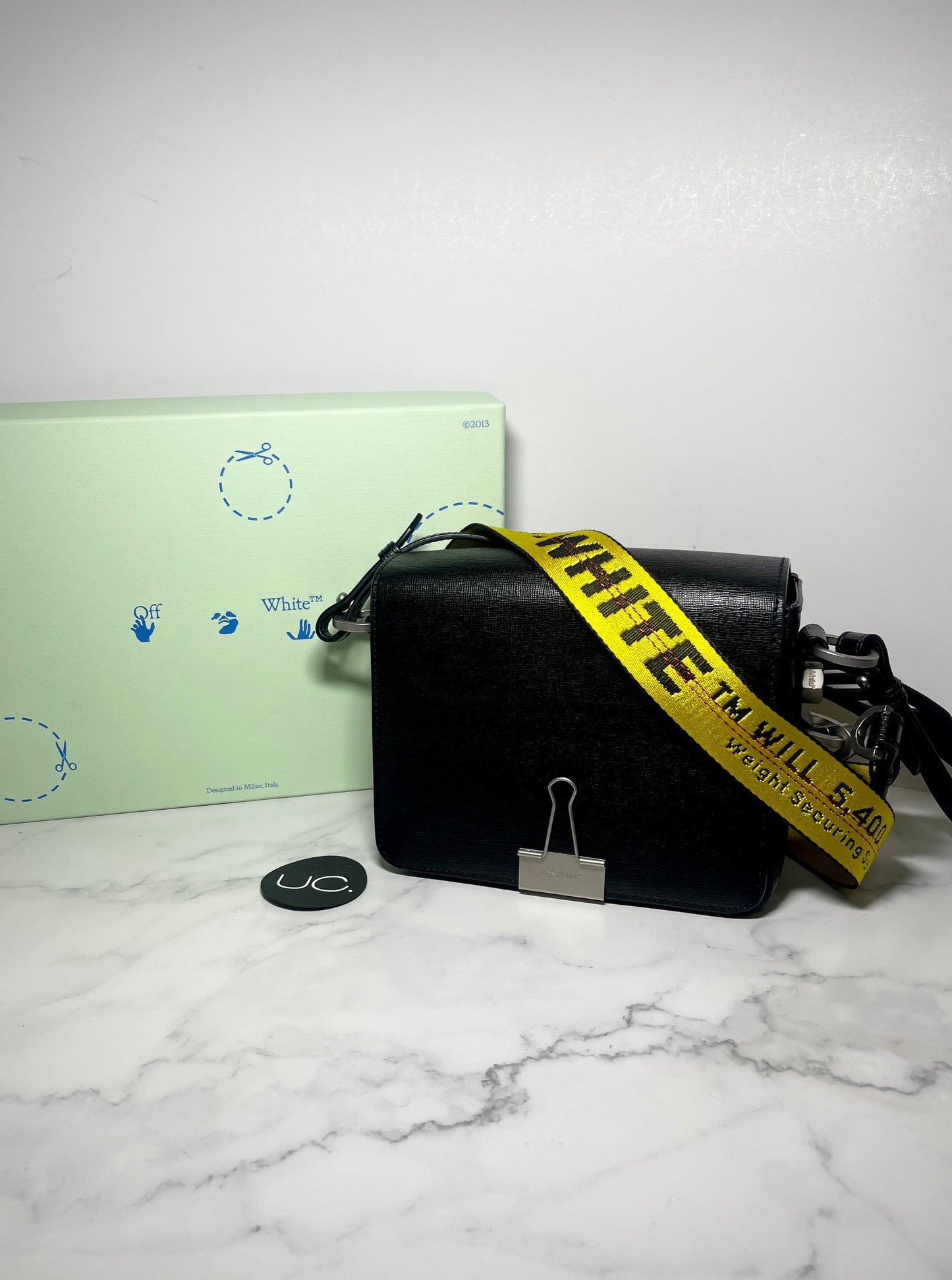 Off-White Black Leather Binder Clip Crossbody Bag with Removable Strap