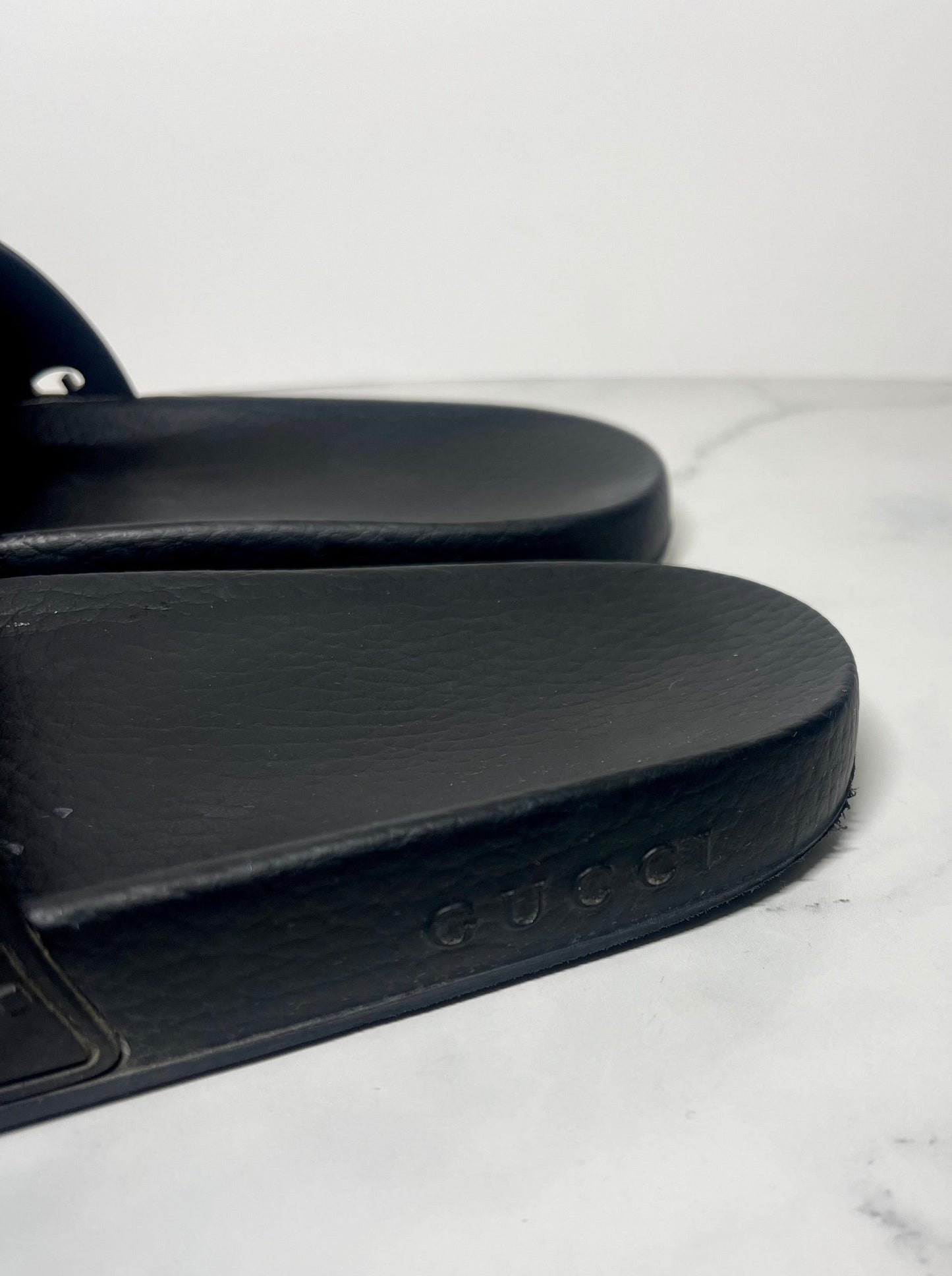 Gucci Rubber Pursuit G Slides, Black, Size 39