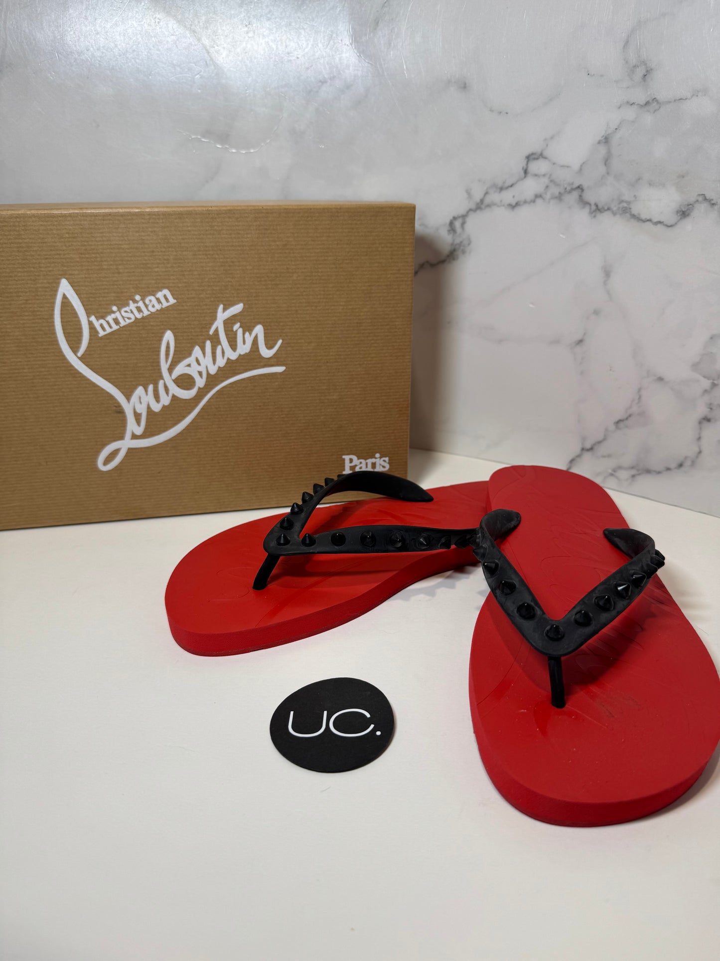 Christian Louboutin Loubi Flip Flops, Size 37, Red/Black