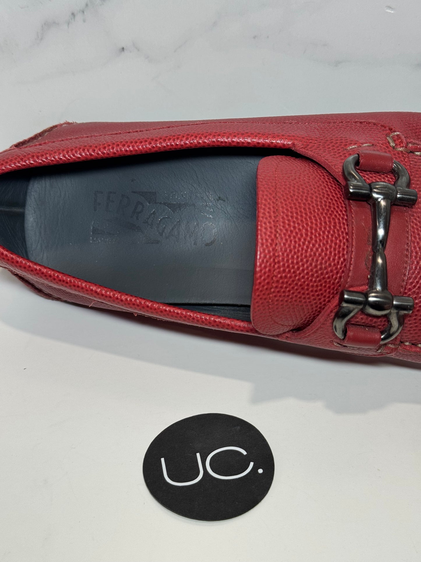 Ferragamo Parigi Loafers. Red. Pebble Calf Leather. Size 9.5.