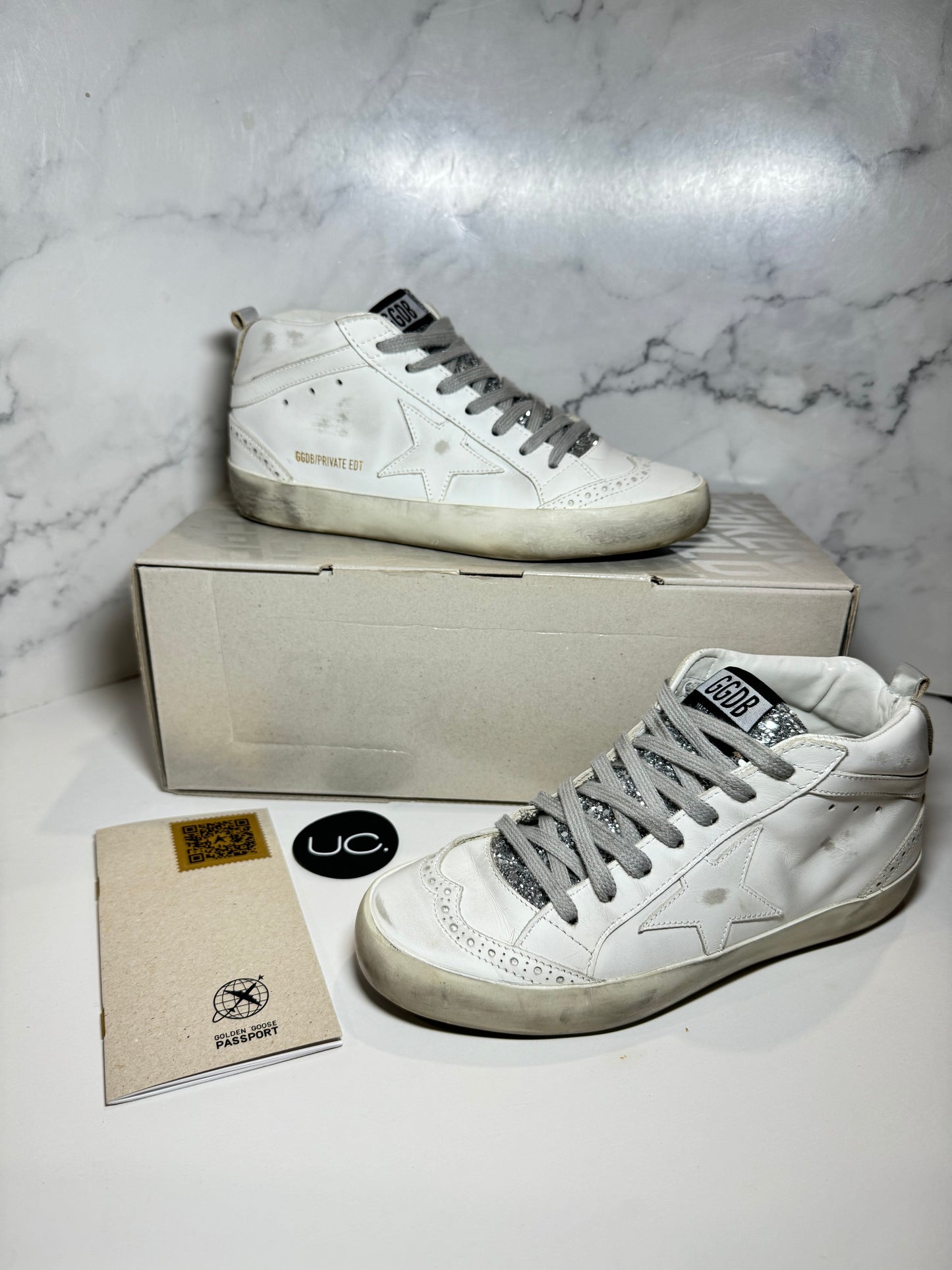 Golden Goose Mid Star Classic Private EDT, Glitter Tongue, Optic White and Silver, Size 37