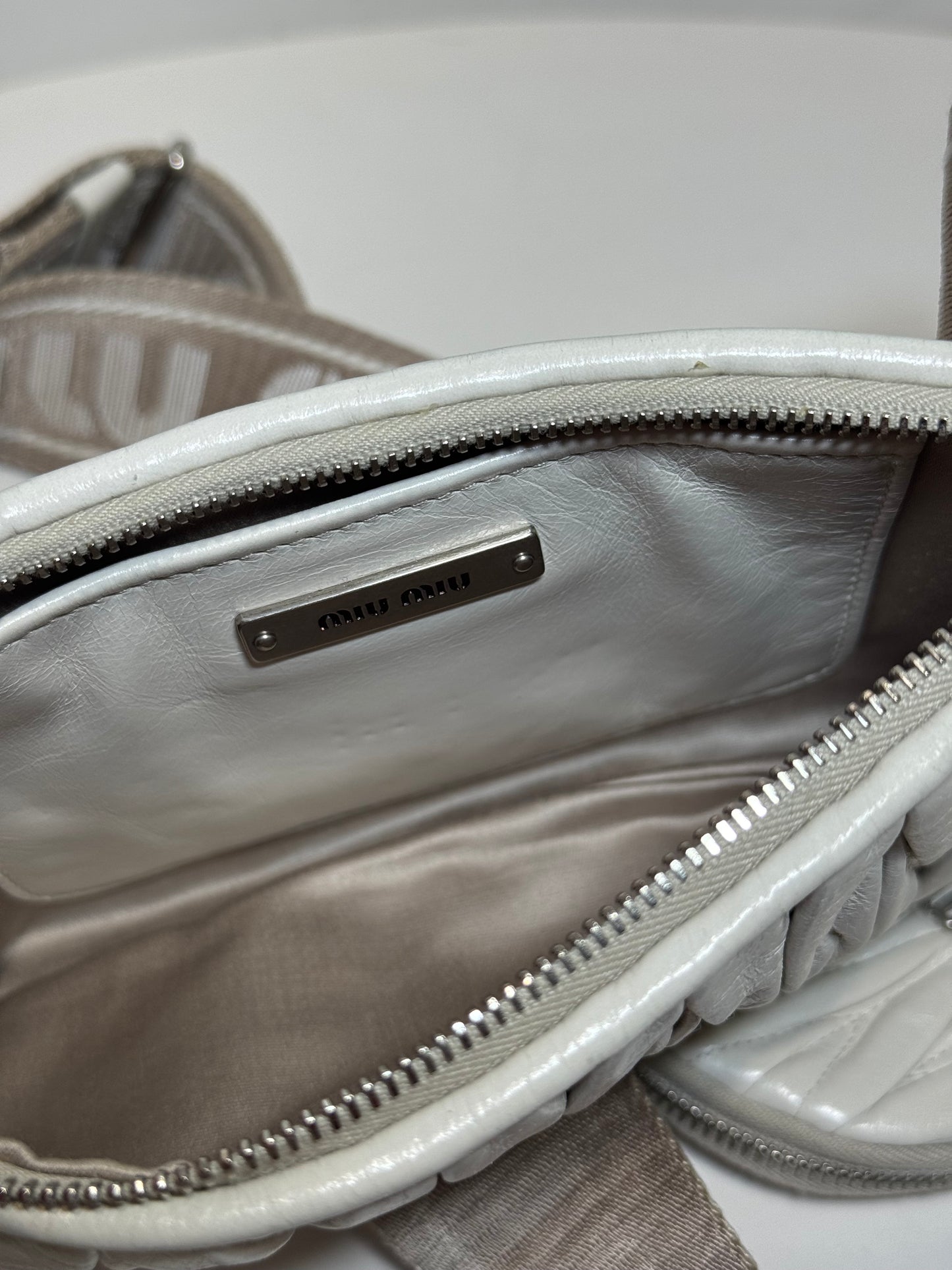 Miu Miu Quilted Matelasse Clutch Crossbody Bag with Logo Strap, Ivory