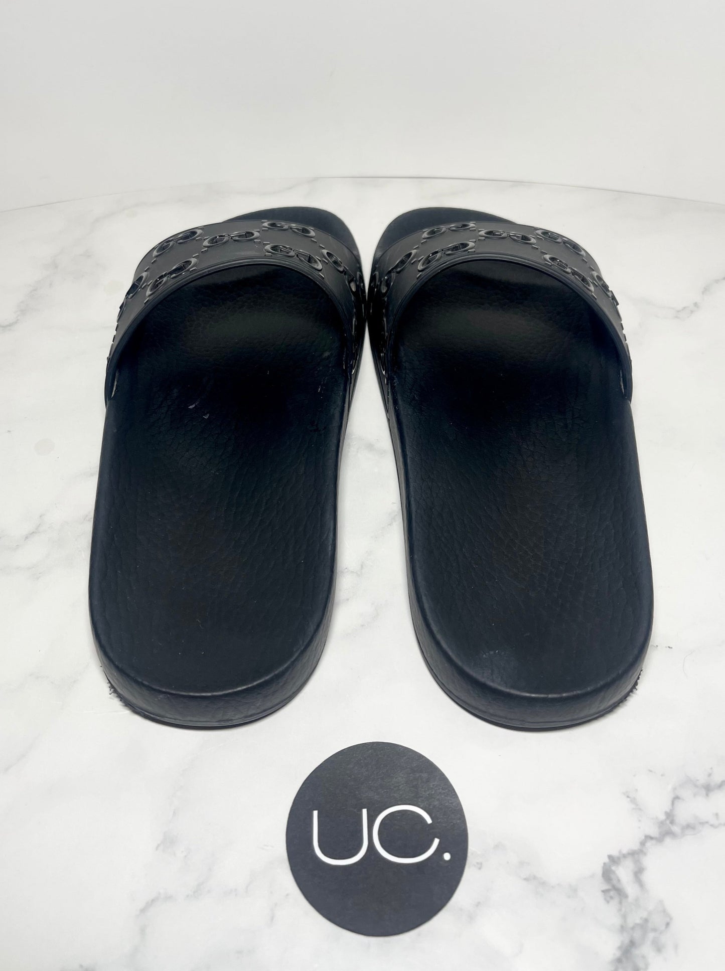 Gucci Rubber Pursuit G Slides, Black, Size 39