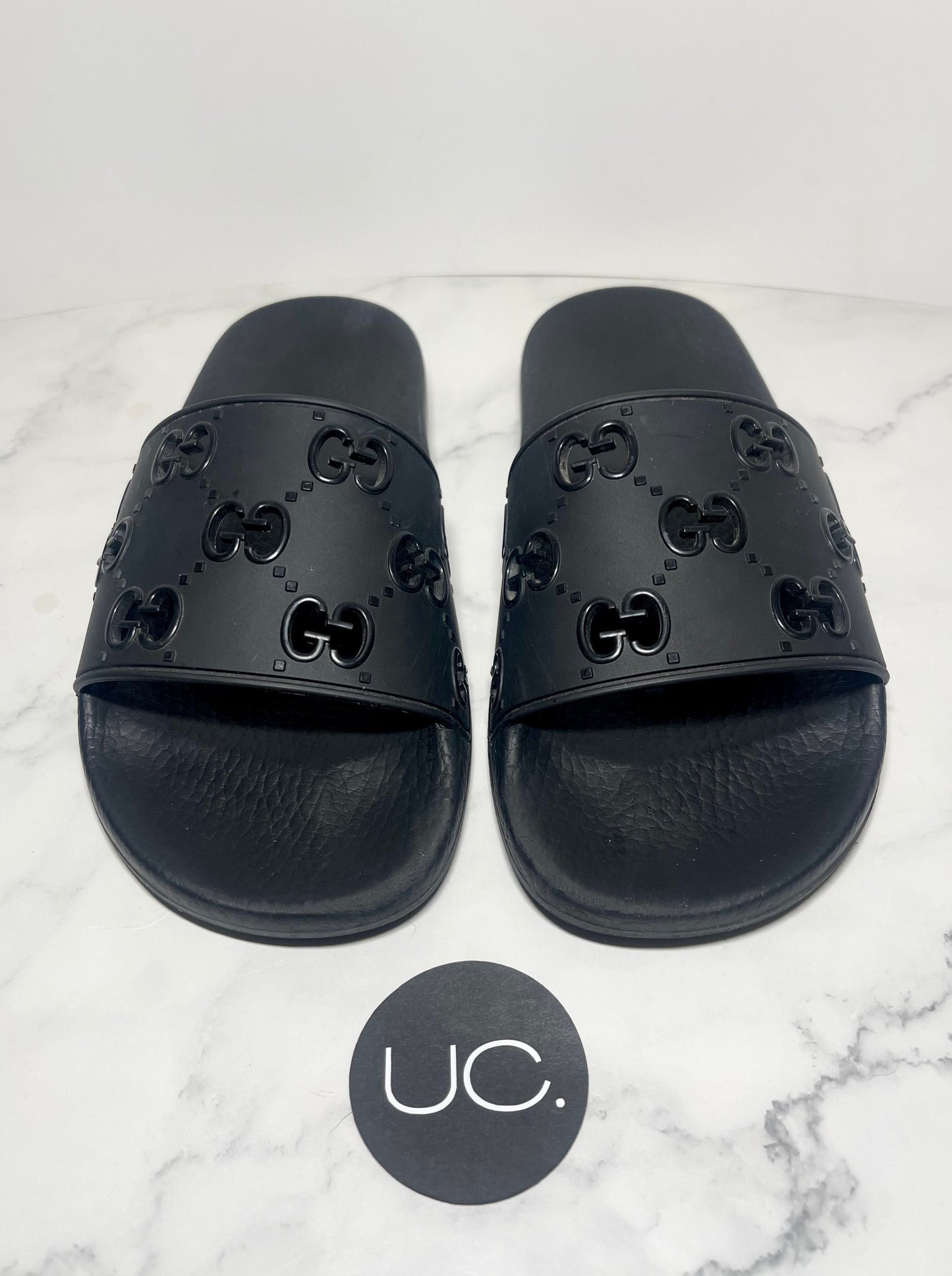 Gucci Rubber Pursuit G Slides, Black, Size 39