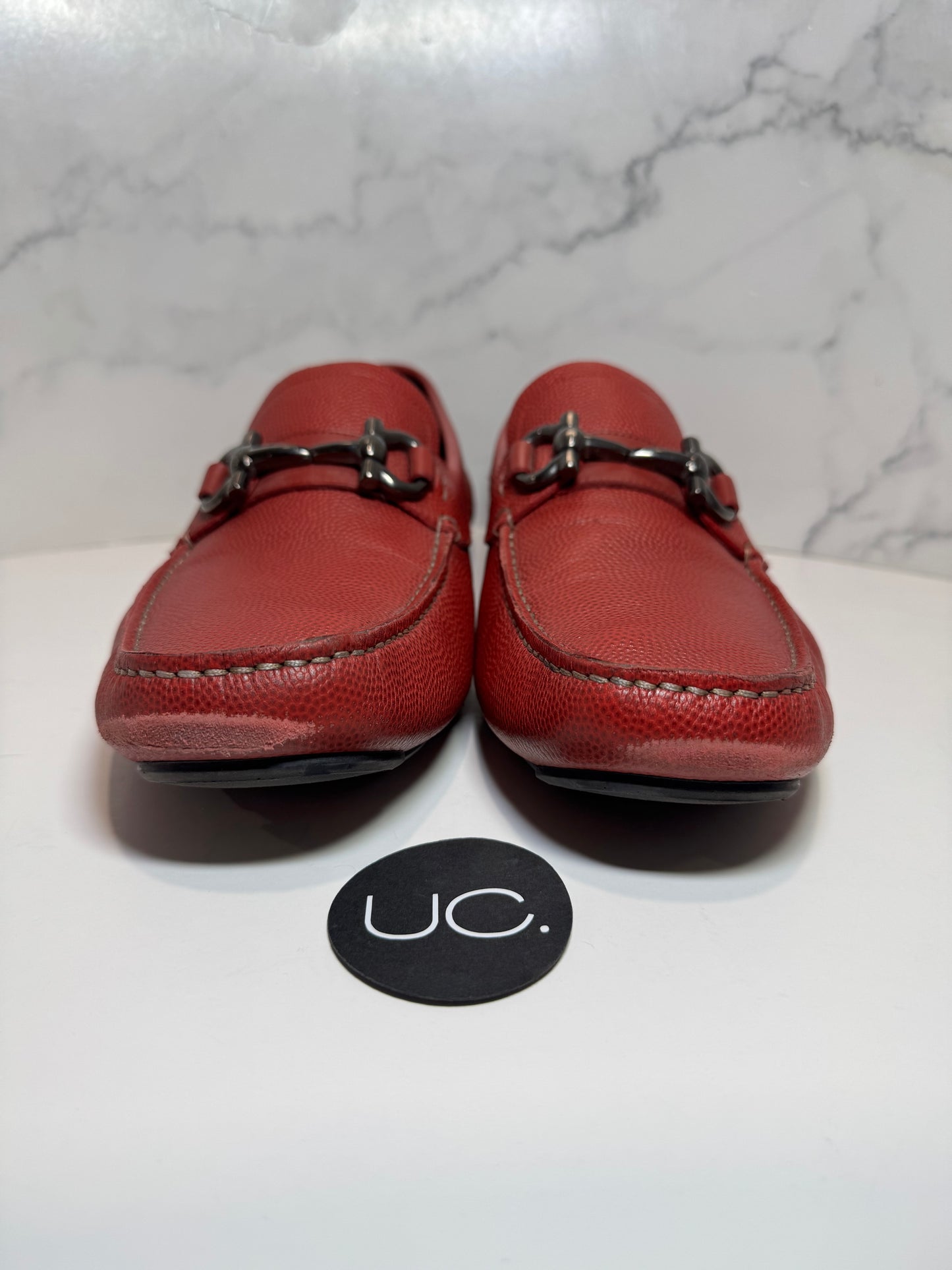 Ferragamo Parigi Loafers. Red. Pebble Calf Leather. Size 9.5.