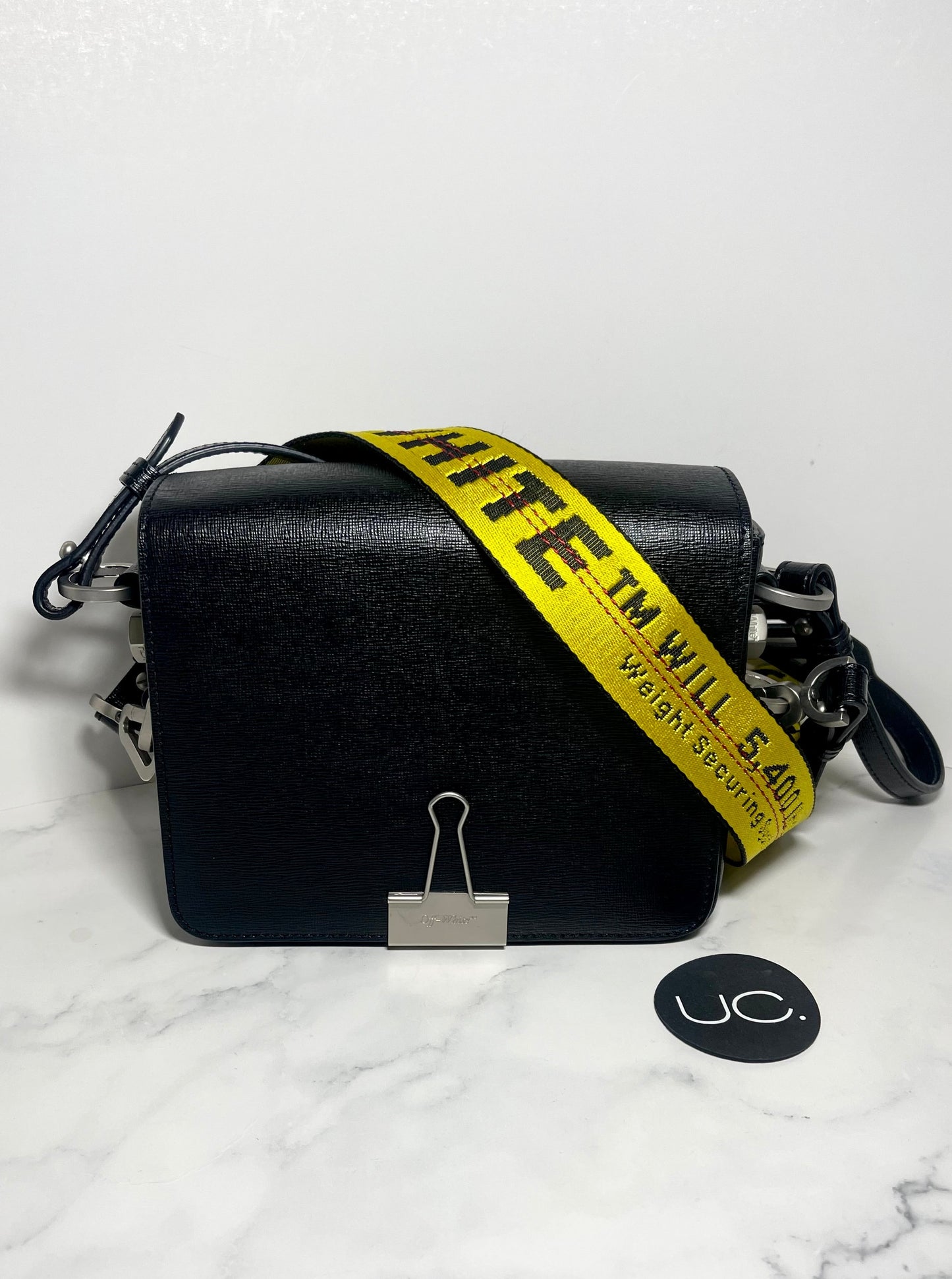 Off-White Black Leather Binder Clip Crossbody Bag with Removable Strap