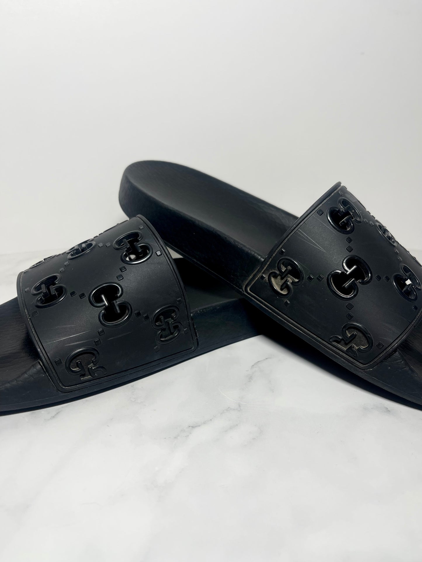 Gucci Rubber Pursuit G Slides, Black, Size 39