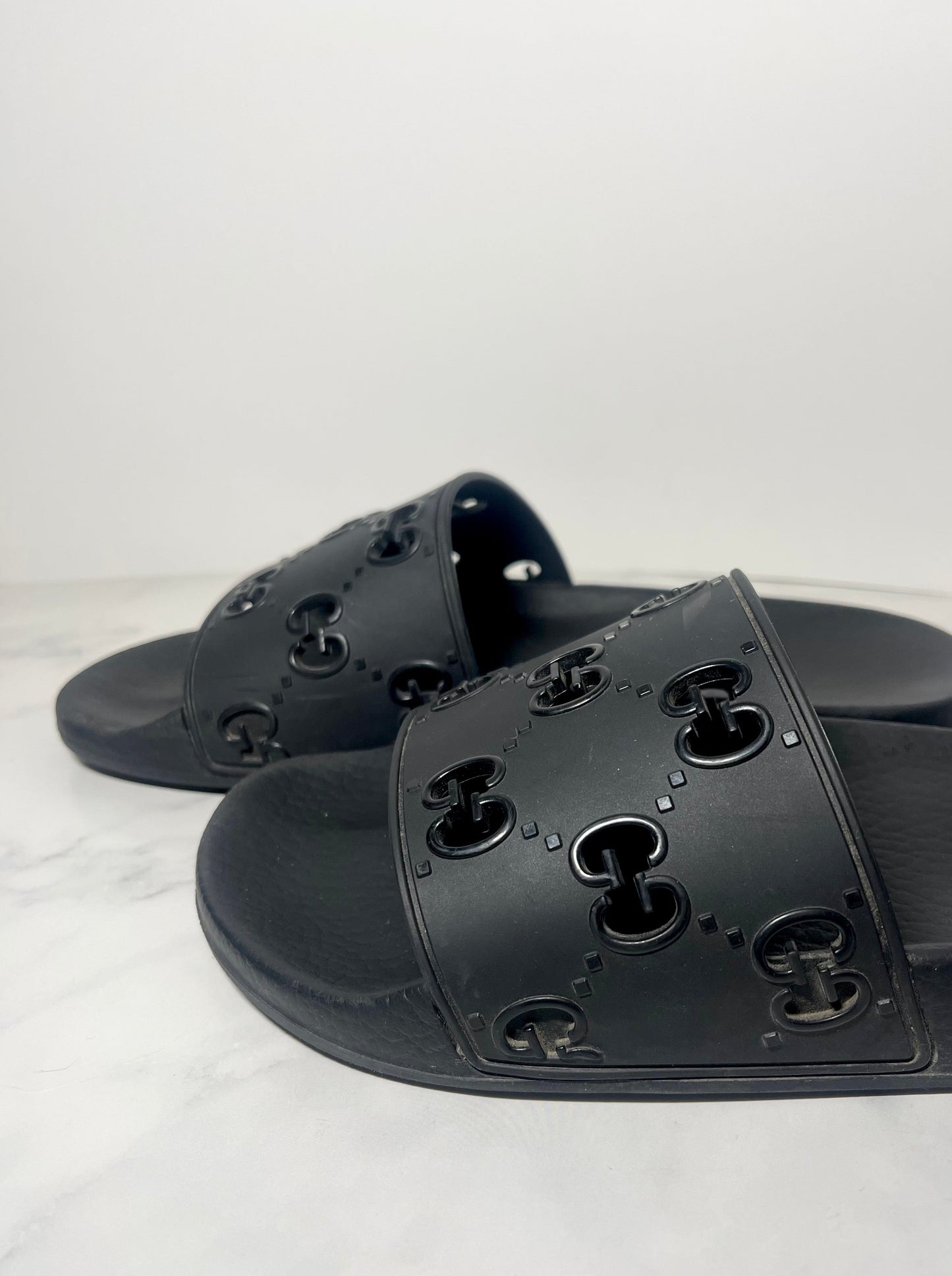 Gucci Rubber Pursuit G Slides, Black, Size 39