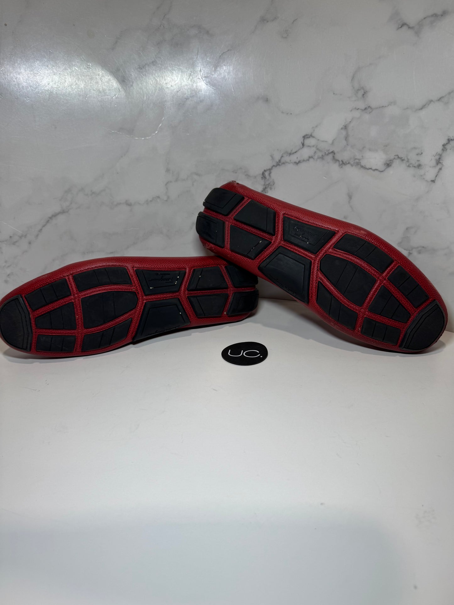 Ferragamo Parigi Loafers. Red. Pebble Calf Leather. Size 9.5.