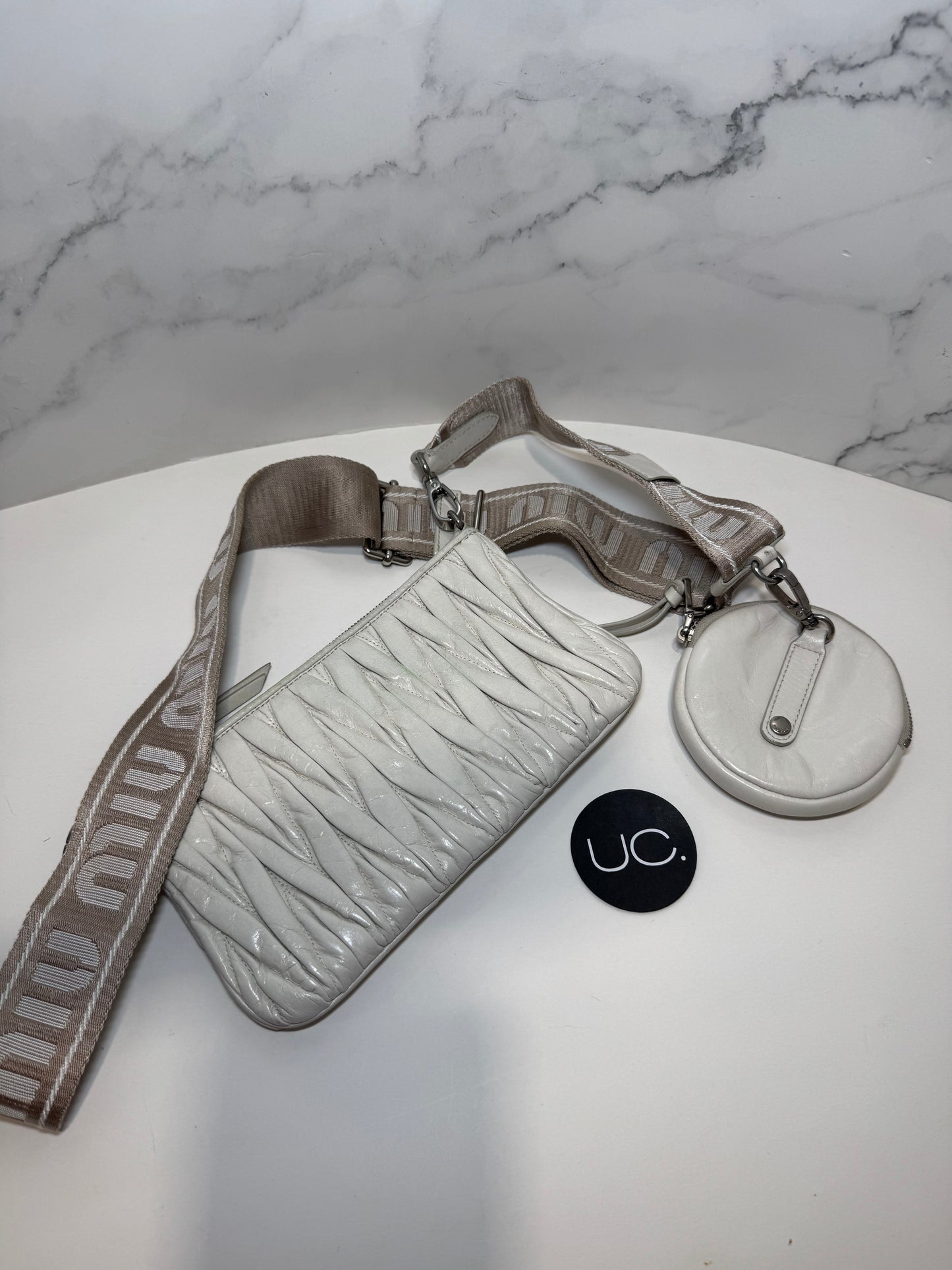 Miu Miu Quilted Matelasse Clutch Crossbody Bag with Logo Strap, Ivory