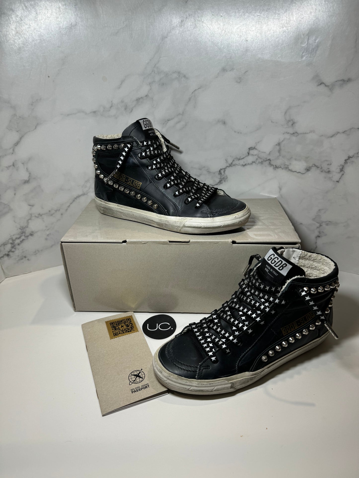 Golden Goose Slide Classic Black Leather with Studs, Custom Laces, Size 37