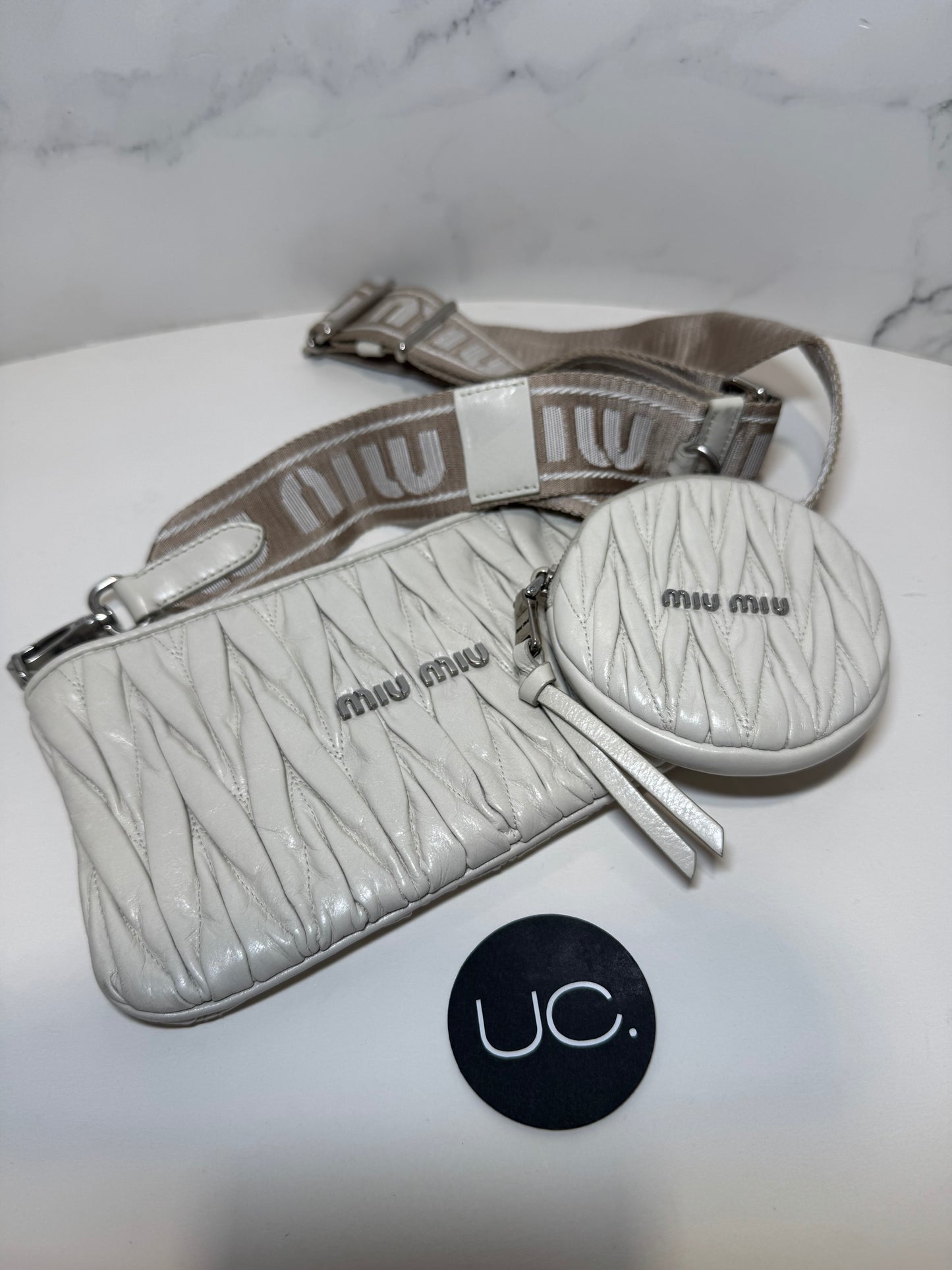 Miu Miu Quilted Matelasse Clutch Crossbody Bag with Logo Strap, Ivory