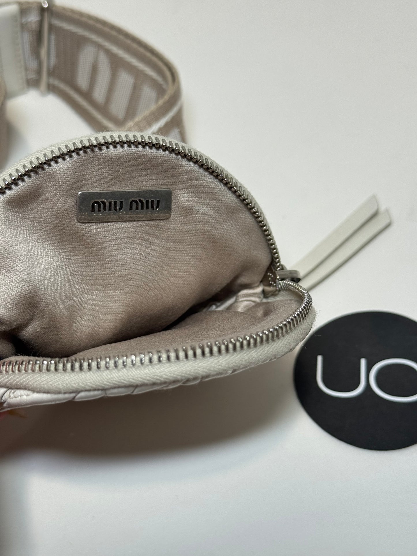 Miu Miu Quilted Matelasse Clutch Crossbody Bag with Logo Strap, Ivory