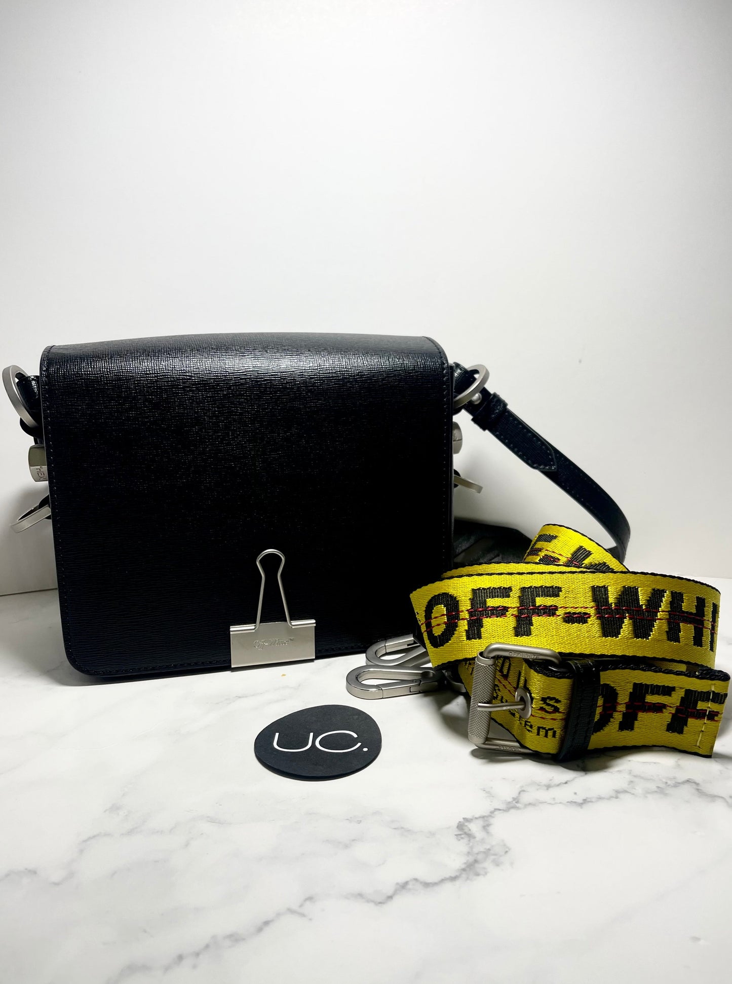 Off-White Black Leather Binder Clip Crossbody Bag with Removable Strap