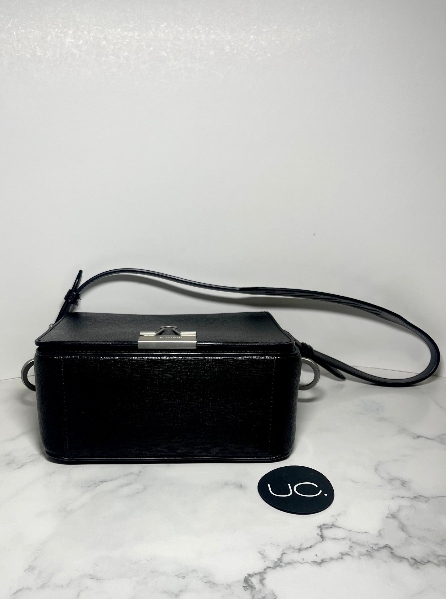 Off-White Black Leather Binder Clip Crossbody Bag with Removable Strap