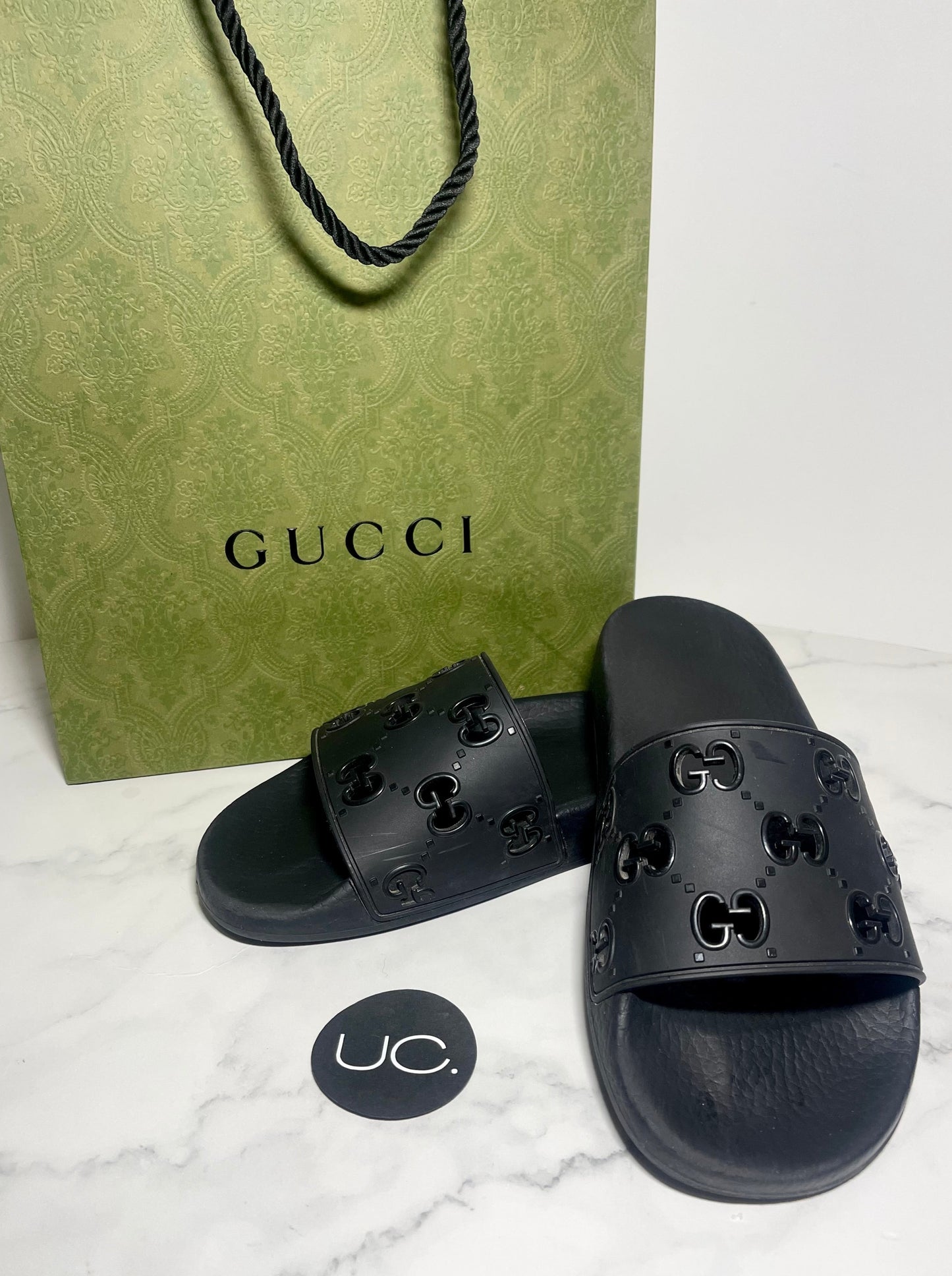 Gucci Rubber Pursuit G Slides, Black, Size 39