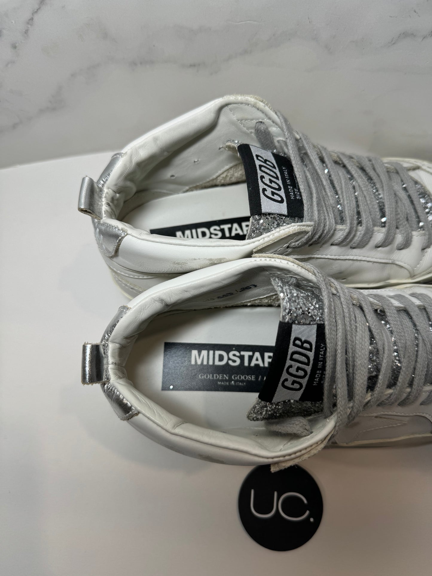 Golden Goose Mid Star Classic Private EDT, Glitter Tongue, Optic White and Silver, Size 37